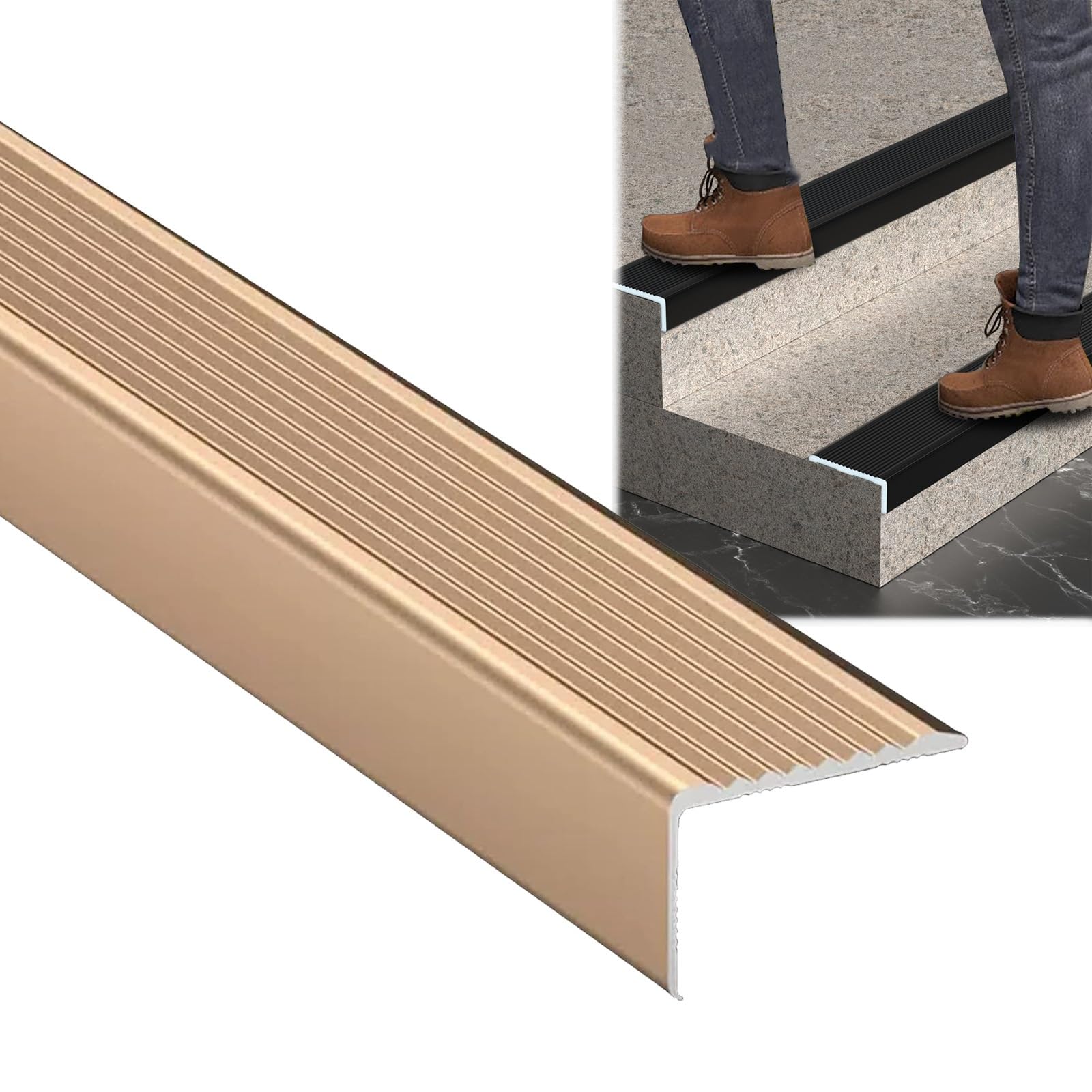 Tiras antideslizantes para esquinas – Moldura protectora de borde angular de aluminio – Protector en forma de L de 90 cm para uso en interiores y exteriores – Borde de seguridad de fácil instalación