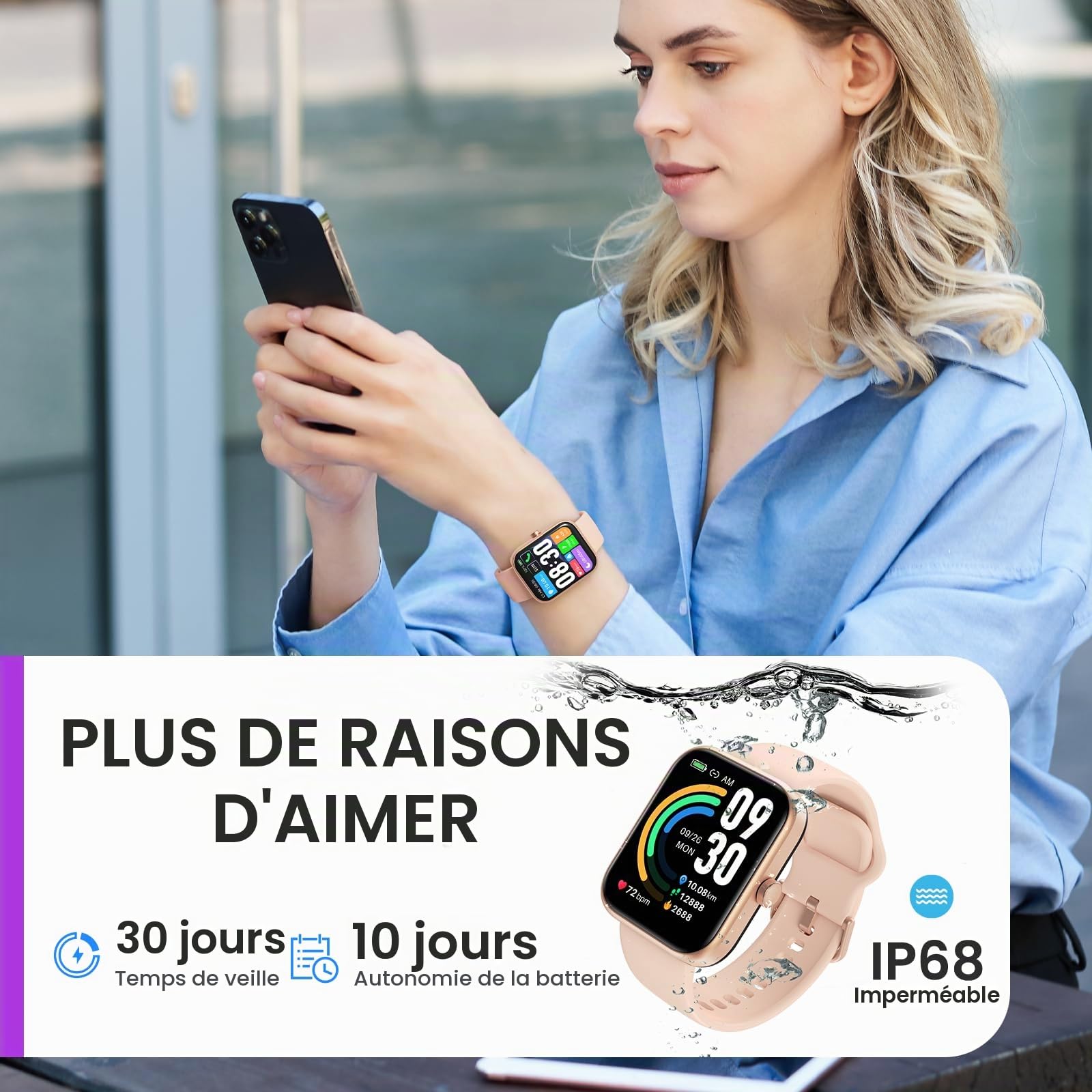 TOZO S3 Montre Connectée Femme Homme avec 1.83” Écran Smartwatch IP68 avec Multiples Fonctions de Santé et Vie 100+ Modes Sportifs Rose
