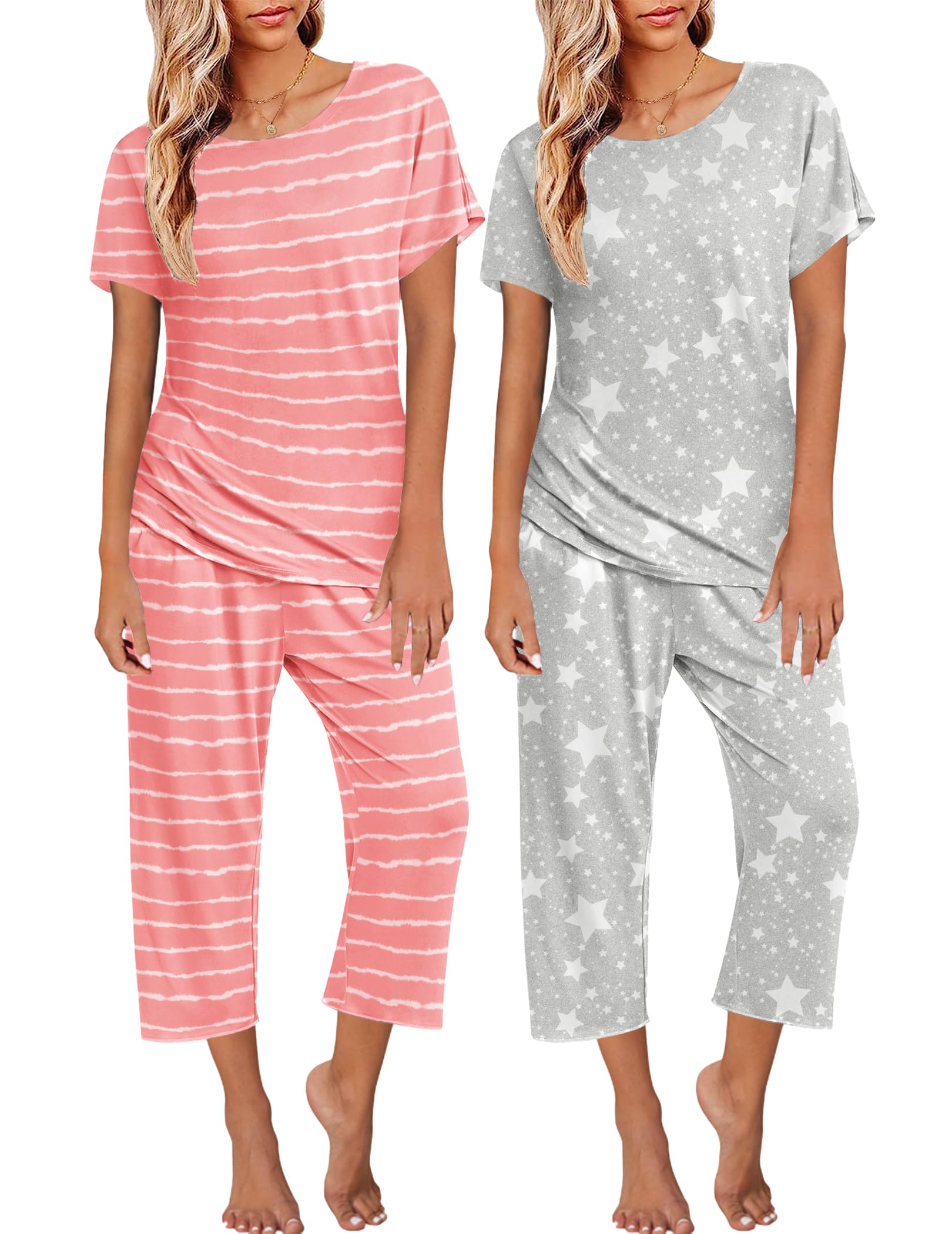 Ekouaer 2 Pack: Womens Pajamas Short Sleeve Sleepwear Tops and Capri Pants Pjs Print Pajama Sets
