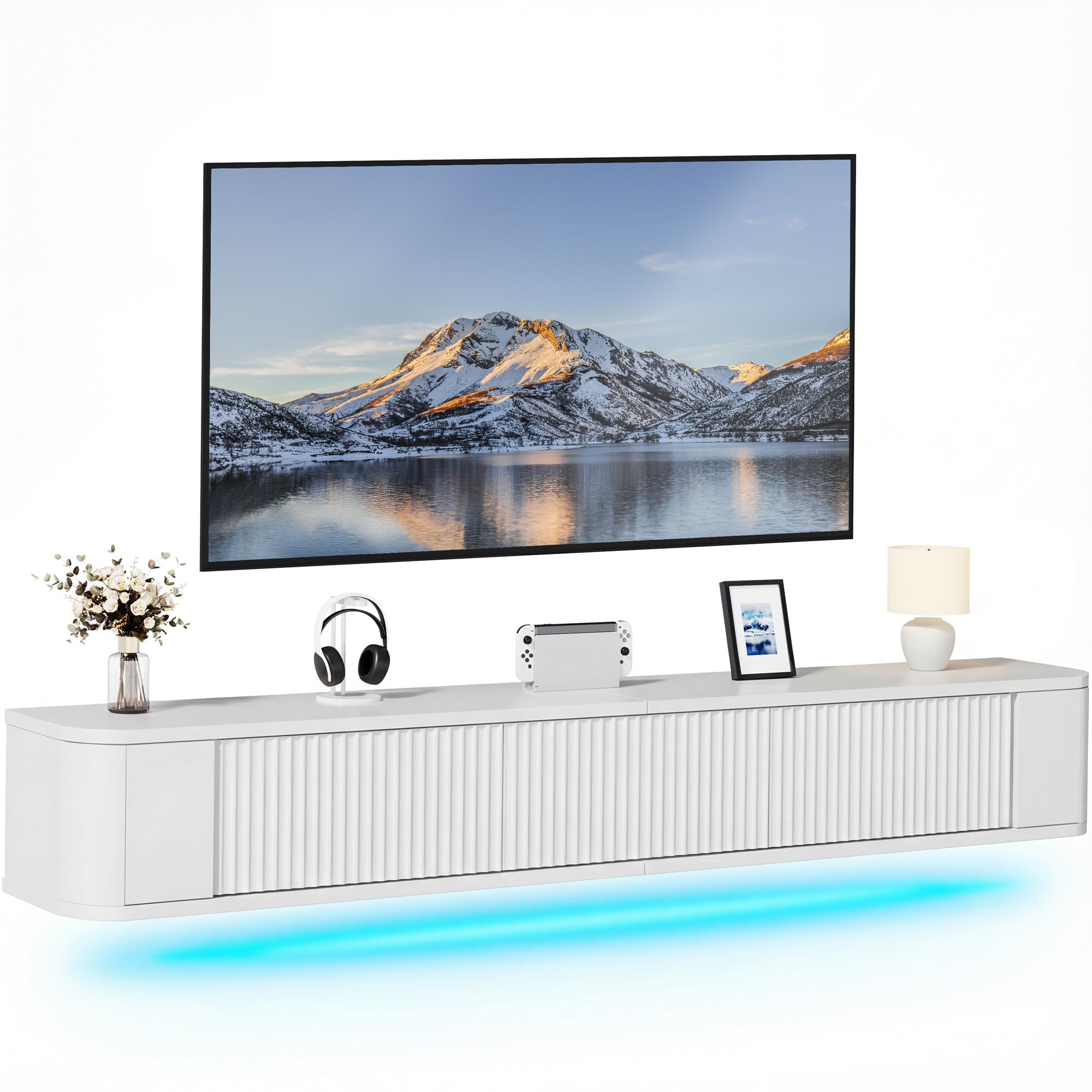 YITAHOME Meuble TV Flottant de 180 cm, étagères murales avec lumière LED RVB, Console multimédia TV Blanche Brillante, Grand Espace de Rangement pour Salon et Chambre à Coucher
