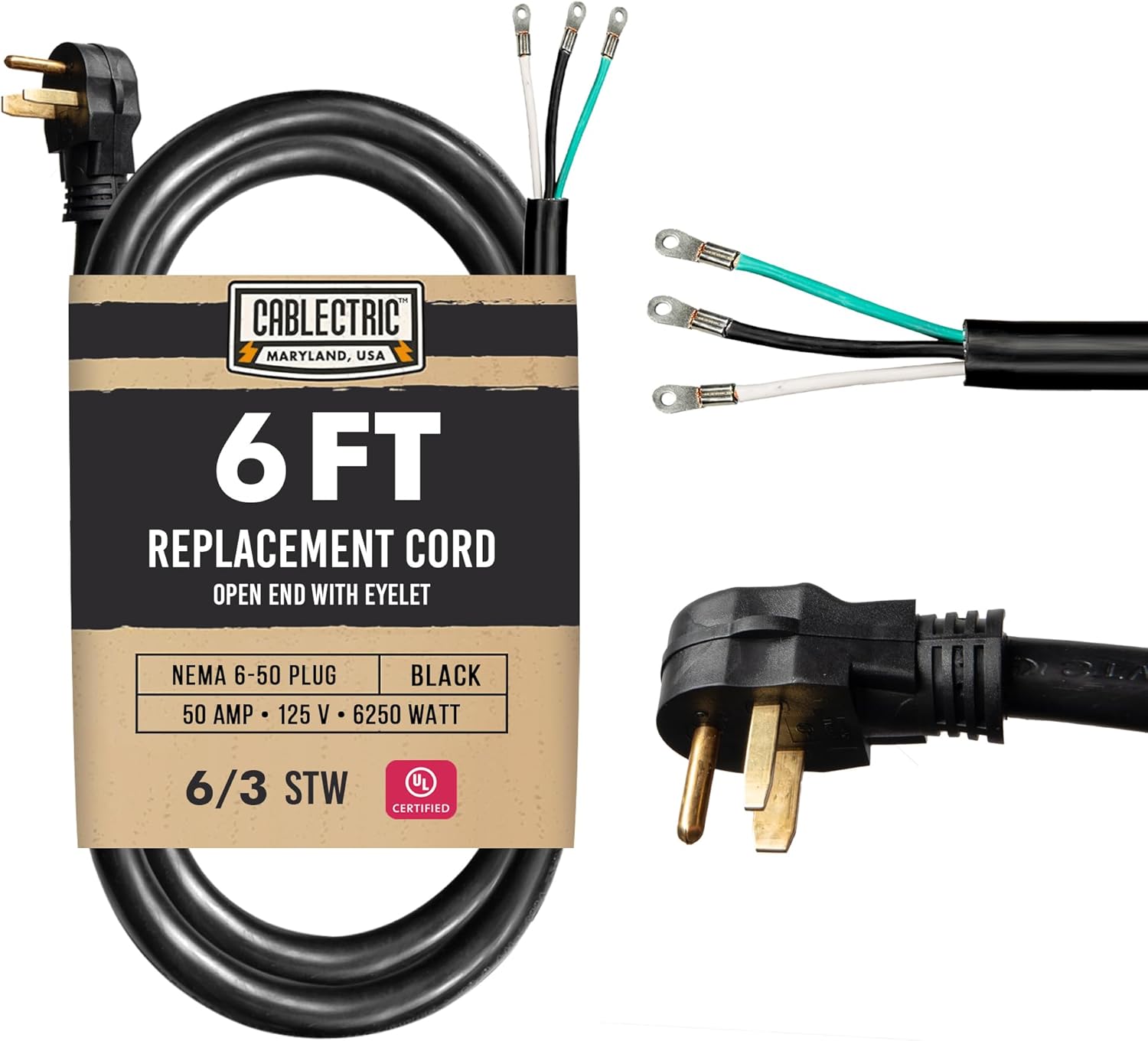 NEMA 6-50 Extension Cord with Open End - 6ft 50 Amp Power Cord with Eyelet, 6/3 Gauge Replacement Cable - NEMA 6-50 Plug STW