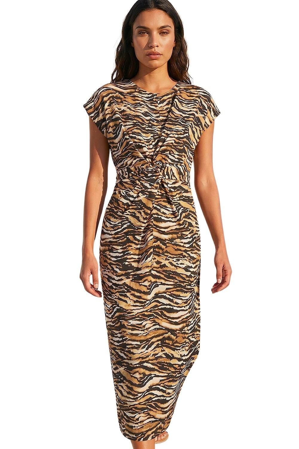 Roman Originals Women's Tan Animal Print Twist Midi Dress For Uk - Everyday Holiday Spring Summer Round Neckline Comfy Soft Evening Vacation Work Party - Size 12