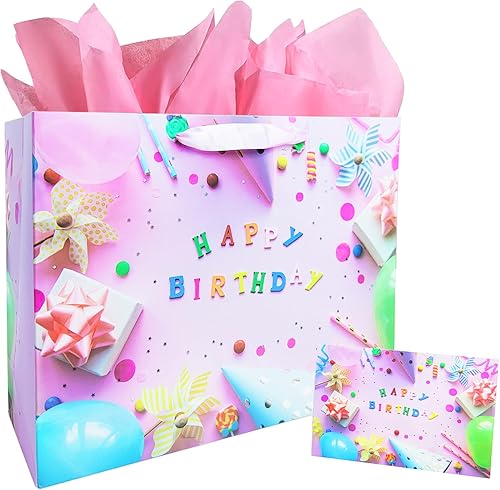LivebyCare Bolsas grandes de regalo de cumpleaños de 13 pulgadas con papel de seda y tarjeta, perfectas para bolsas de regalo para bebés, niños,
