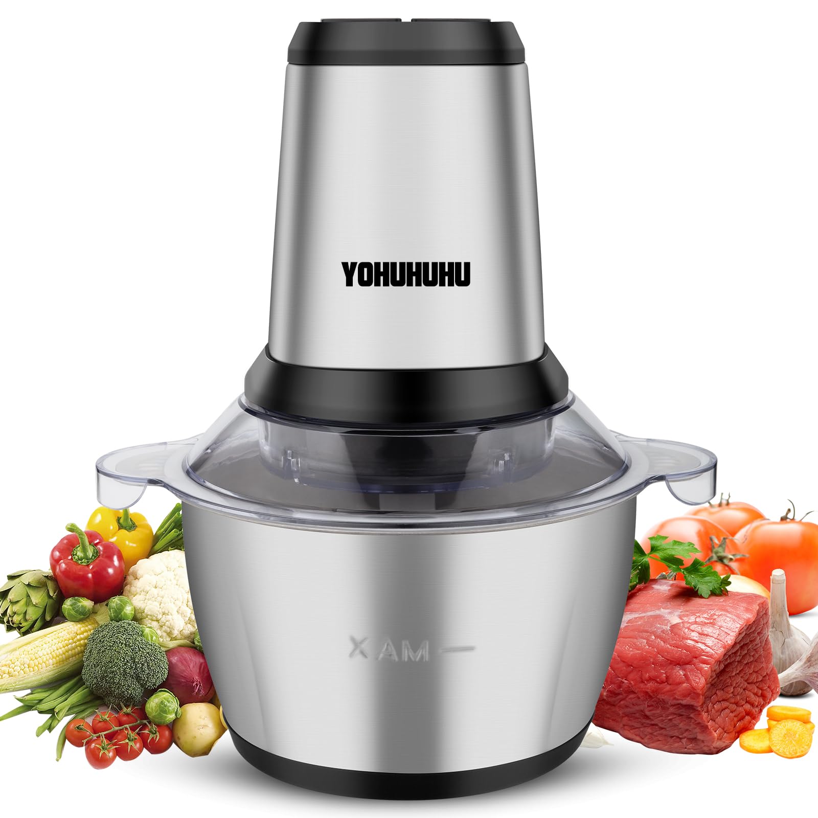 Mini Food Processor 2L 500W Meat Grinder 2 Speed Food Chopper 4 Durable Sharp Blades Stainless Steel Bowl For Meat Vegetables Fruits Nuts Salad Sauces