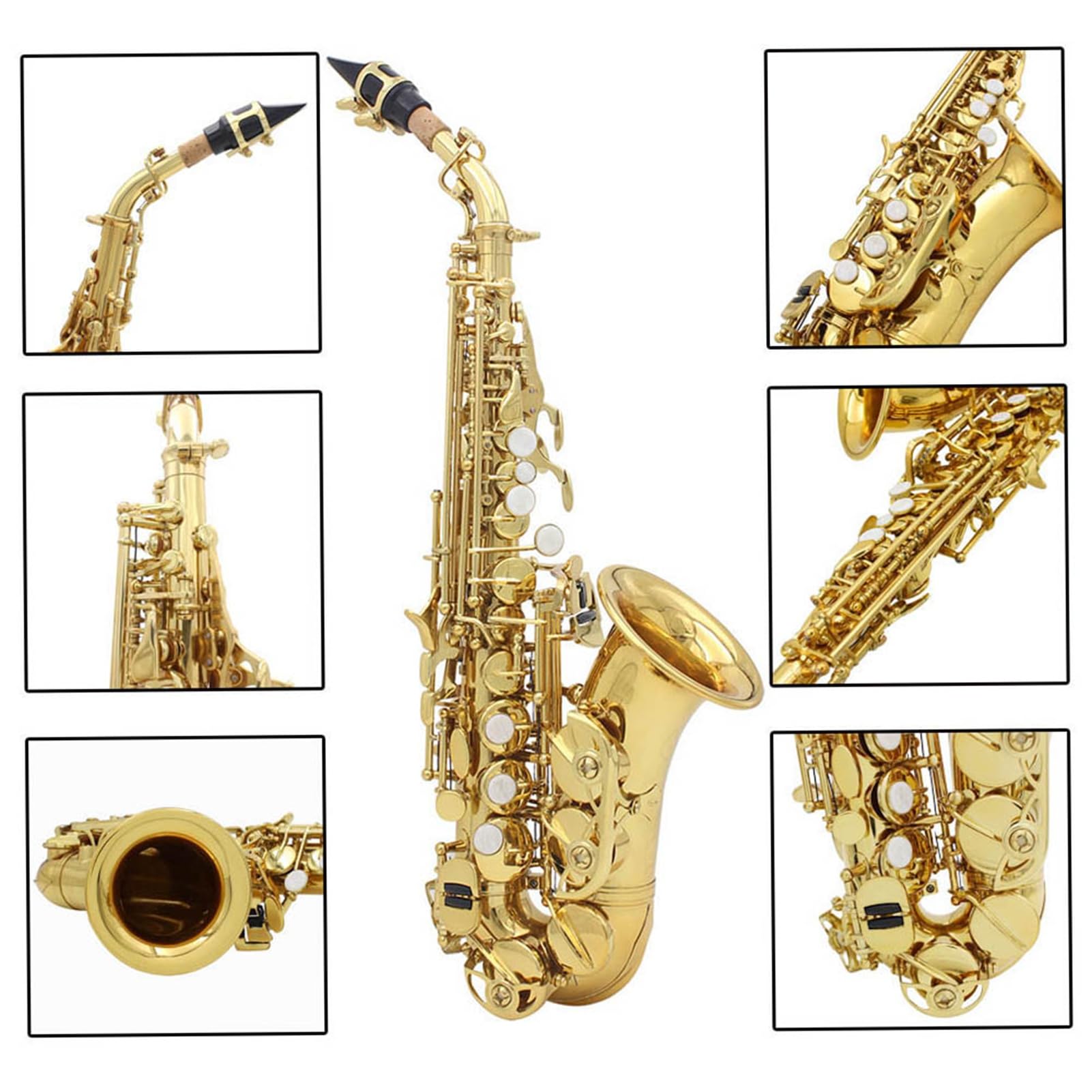 Laiton Sax,HUIOP Laiton Doré Carve Motif Sib Bend Althorn Soprano Saxophone Saxophone Perle Blanc Shell Boutons Instrument à Vent avec étui Gants Chiffon de Nettoyage Ceinture,instrument à vent