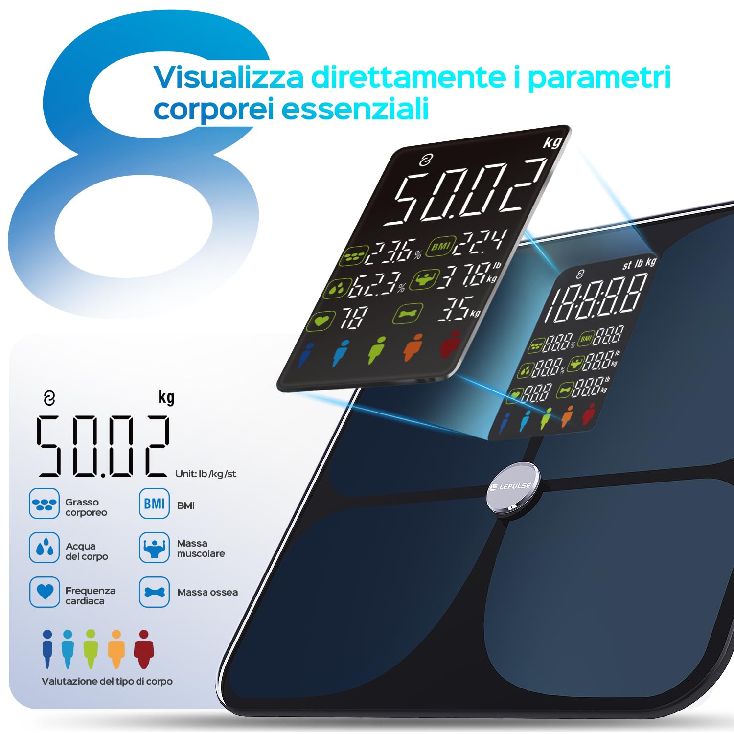Bilancia Pesapersone Digitale con App Bluetooth, Bilancia Impedenziometrica Professionale Smart, Misurazione Grasso Corporeo e Massa Magra BMI con 22 Indici, Bilancia Elettronica Nero 4AAA