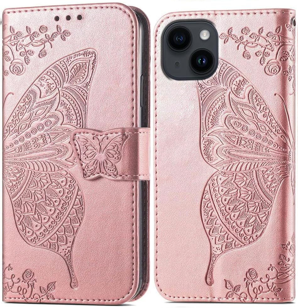 Image of ClickCase Butterfly Series for iPhone 15 Plus Leather Embossing Wallet Flip Case Kick Stand Magnetic Closure Flip Cover for iPhone 15 Plus (Rose Gold)