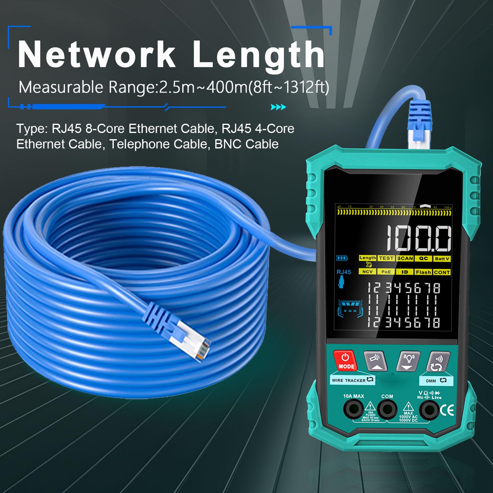 Fyearfly Tester per Cavi di Rete RJ45, Multimetro per Cavi LAN 2 in 1 PoE NCV 400 M di Lunghezza Porta di Misurazione Strumento di Test per Ethernet Lampeggiante, per CAT5 CA