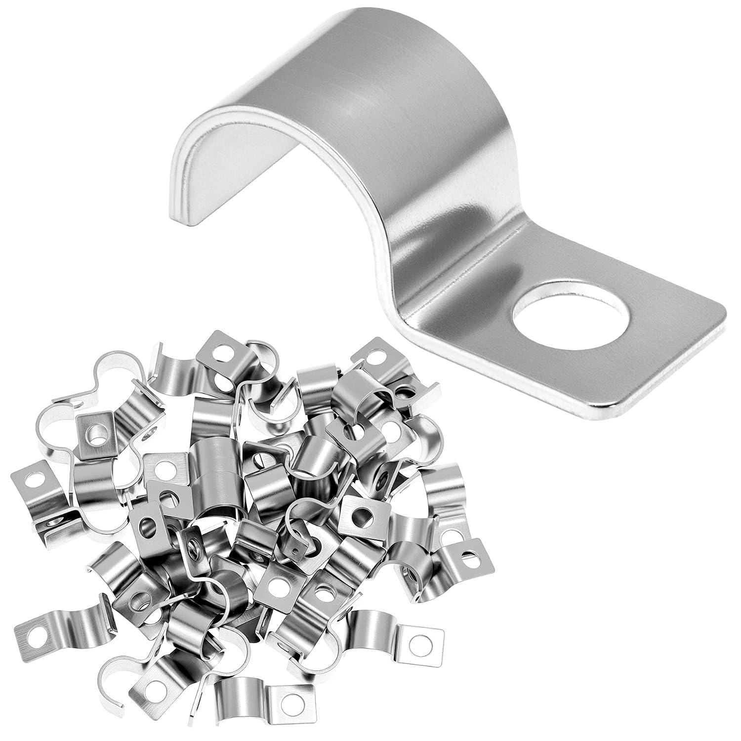 QWORK® 50 Pcs Pipe Clips 10mm Clamp, 304 Stainless Steel U Brackets for 9-10mm Cables & Water Pipes, Silver, 9-10 mm