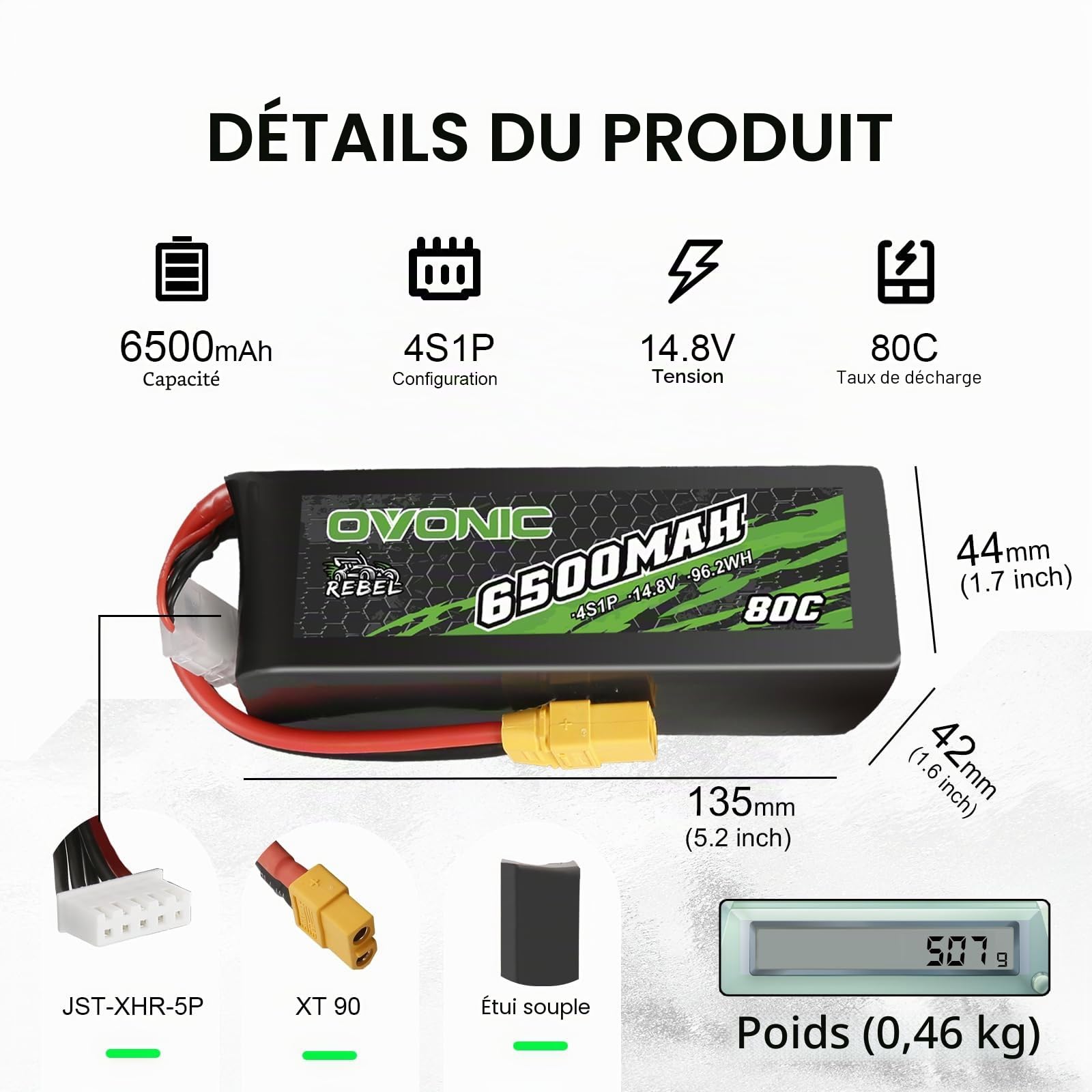 OVONIC Lot de 2 batteries Lipo 4S 6500 mAh 80 C 14,8 V avec prise XT90 pour voiture RC Truggy Buggy RC Hobby