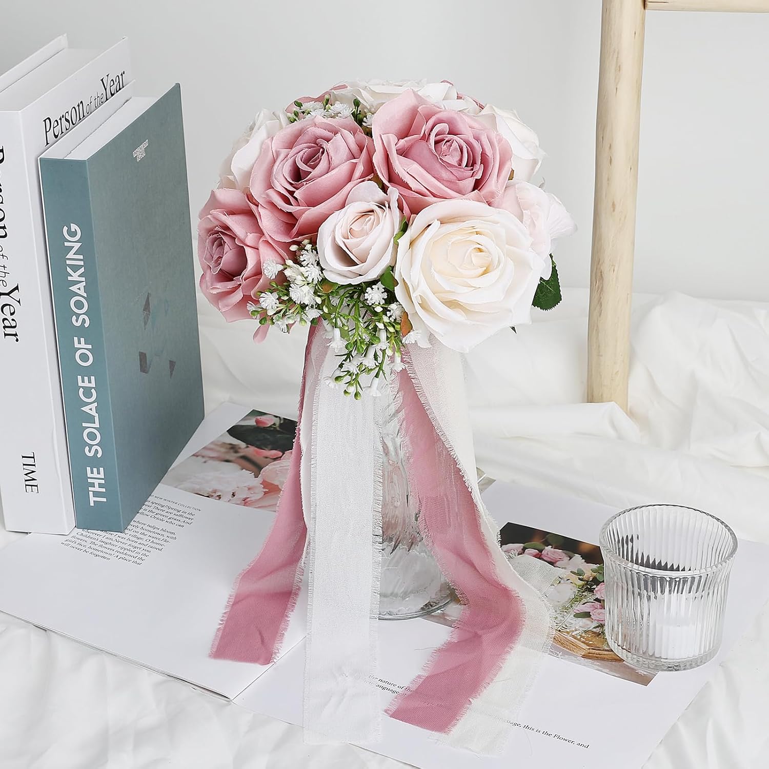 Wedding Bouquet for Bride - Premade Simple Artificial Roses Flowers for Bridal Shower Destination Ceremony Anniversary Decorations - Dusty Pink & White - Image 5