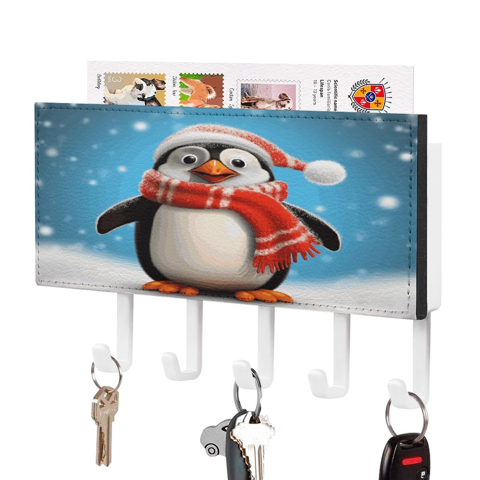 VstaDank Christmas Funny Penguin Key Holder for Wall Key Holder Wall Mount Adhesive with Mail Organizer Tray Adhesive Metal Key Rack with 5 Hooks Hanger PU Leather Key Hanger for Entryway
