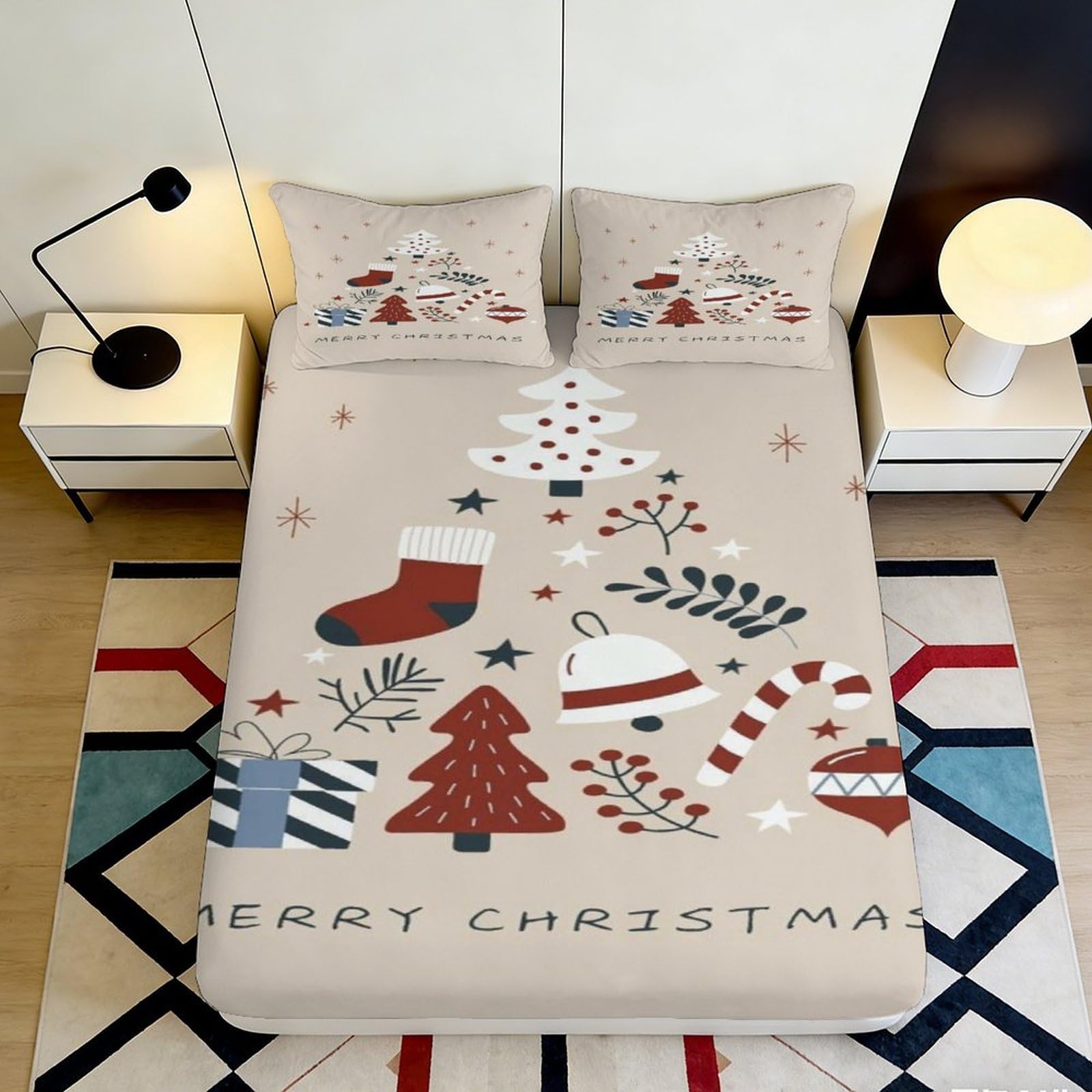 3D Printed Christmas Tree Fitted Sheet Microfiber Soft Festive Decor Santa Candy Cane Mattress Cover 90x200x25cm