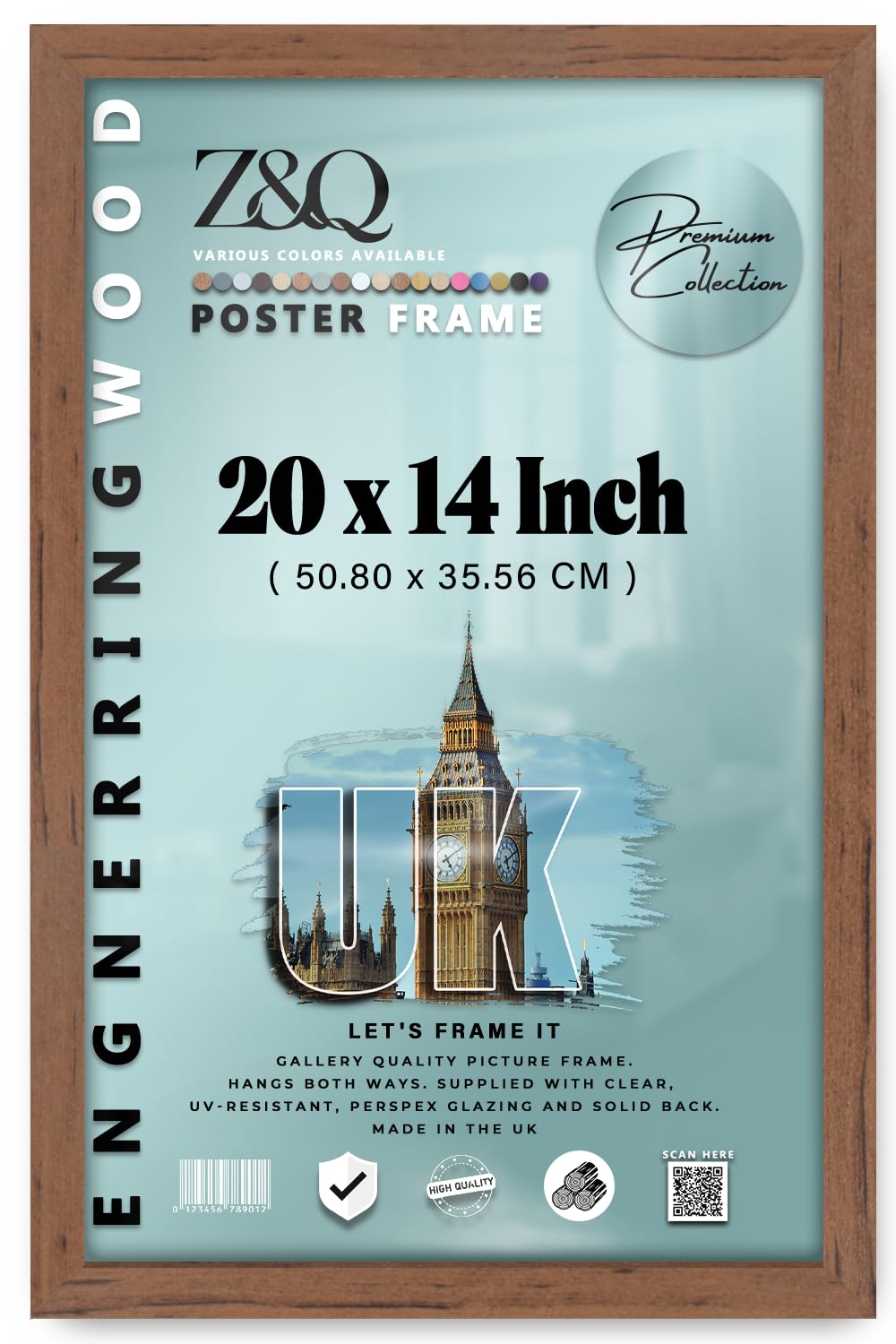 Z&Q - Classic MDF Wood Finish 20 x 14 Inch Poster/Picture Frame | Sleek & Sturdy (50.80 x 35.56 CM) Eton Wood Frame for Home Décor and Art [ Walnut ]