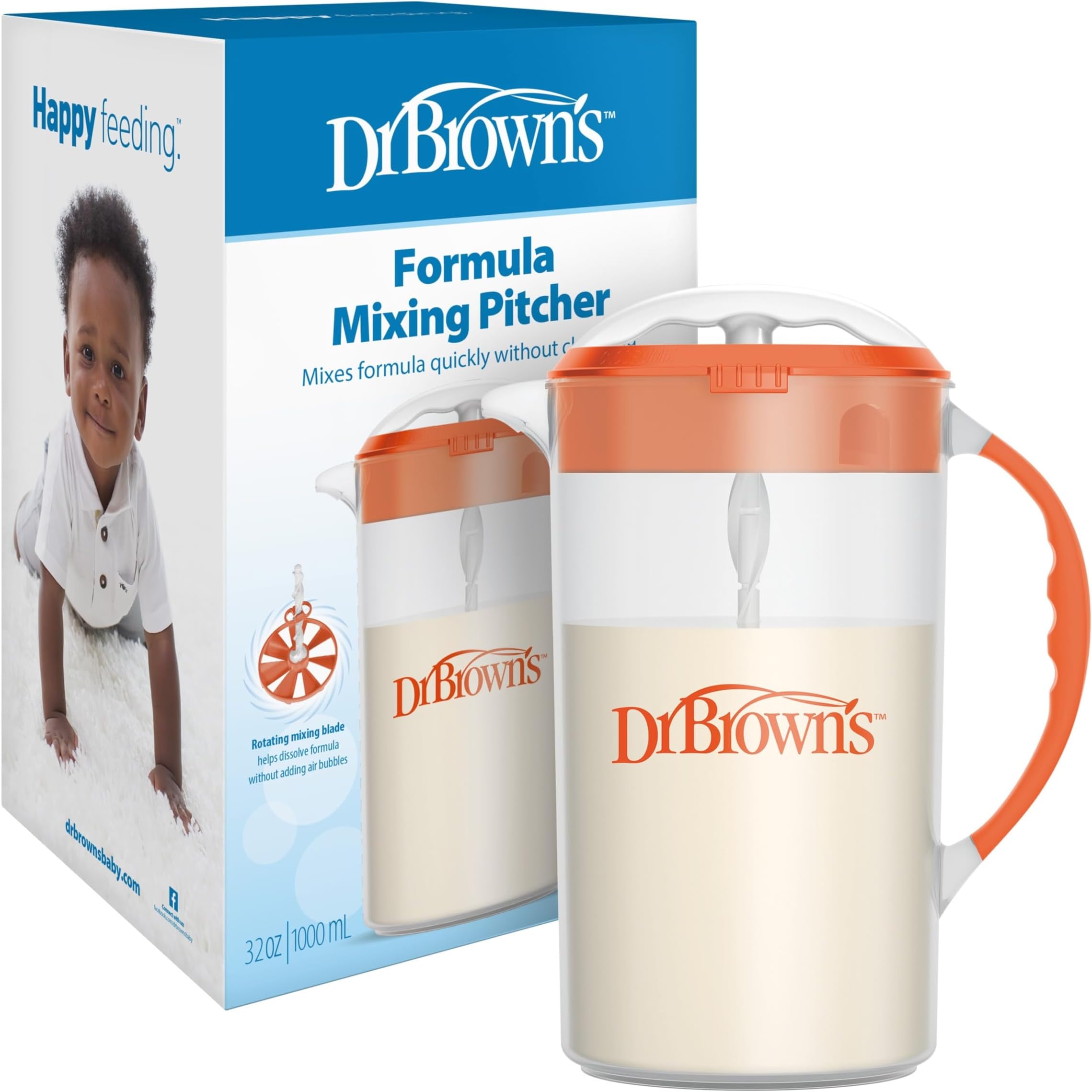 Dr. Brown's Baby Formula Mixing Pitcher with Adjustable Stopper, Locking Lid, & No Drip Spout, 32oz, BPA Free, Orange