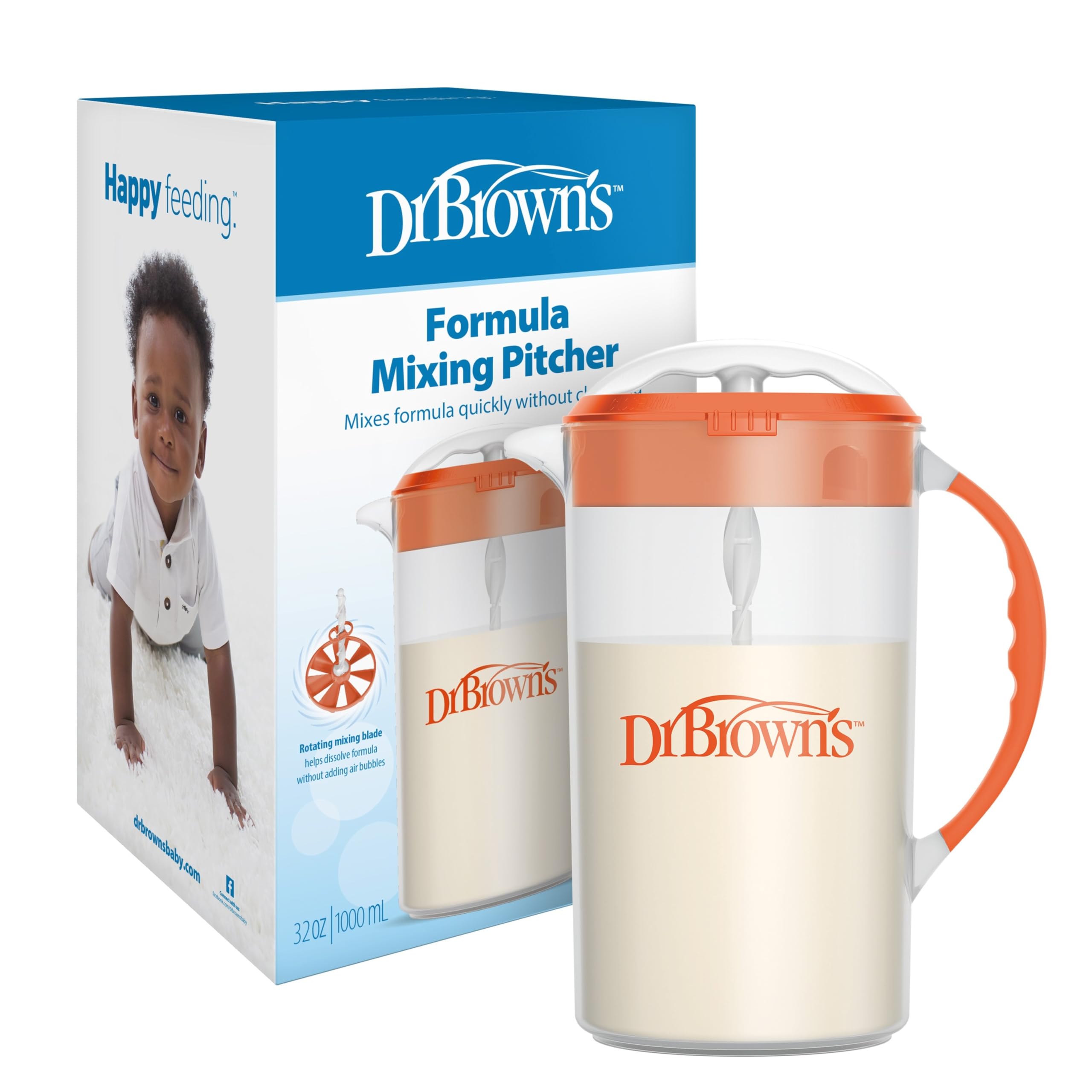 Dr. Brown's Baby Formula Mixing Pitcher with Adjustable Stopper, Locking Lid, & No Drip Spout, 32oz, BPA Free, Orange