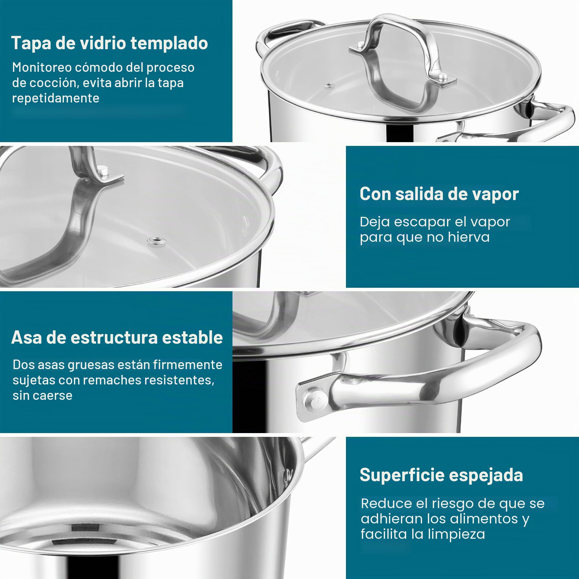 Homikit Olla de acero inoxidable de 9,4 L, para inducción, con tapa de cristal, para sopa, de 3 capas, apta para todo tipo de fuegos, sin revestimiento, altamente pulida y apta para lavavajillas