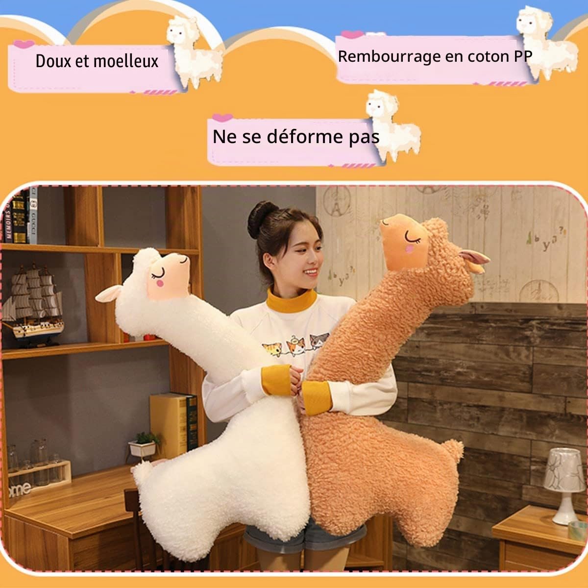 Coussin lama, alpaga géant, en peluche, long coussin pour le corps, alpaga moelleux, coussin douillet d'alpaga - Coussin de Noël, cadeau d'anniversaire (marron - 75 cm)