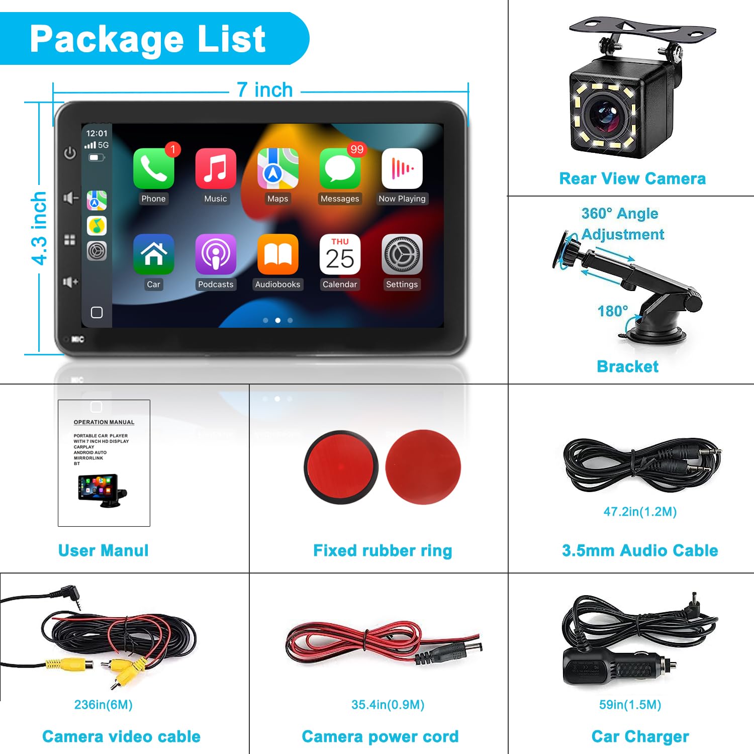 Schermo per Auto con Wireless CarPlay - Display Android Auto 7 Pollici Touchscreen Monitor - Portatile Autoradio Carplay con Mirror Link, Retrocamera, Assistente Vocale, AUX/TF
