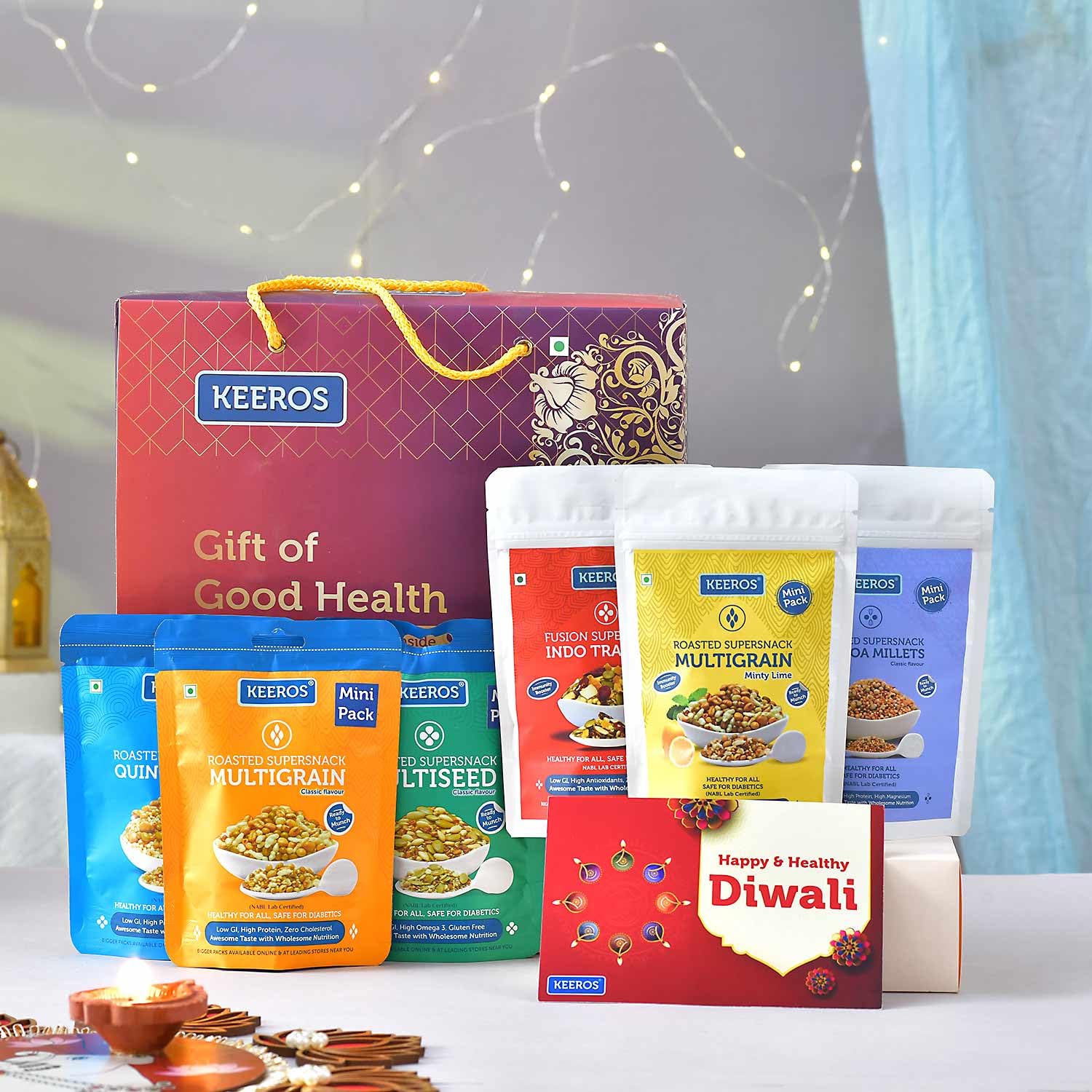 Keeros Healthy Diwali Gift Hamper for Friends and Family with Diwali Card | Combo of Sweet & Salted, Crispy & Tasty SuperSnacks in a Premium Gift Pack | 6 Varieties of Snacks