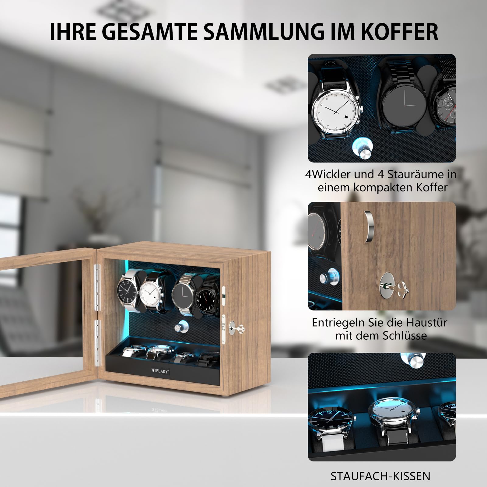 XTELARY Automatyczny Stojak na 4 Zegarki z 4 Dodatkowymi Przegródkami, Pudełko Automatyczne Mechaniczne Classic Watch Winder