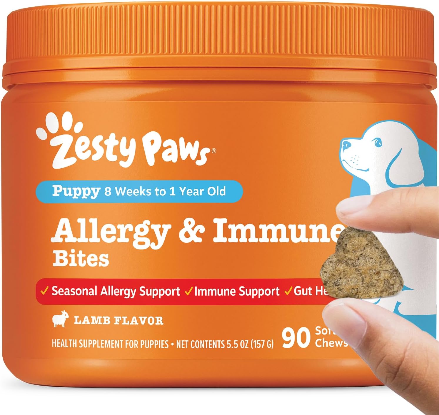 Puppy Dog Allergy Chews Lamb Flavor 90 Ct, Gentle Seasonal Itch Relief Soft Bites with EpiCor Colostrum & Omega 3 Salmon Oil, Immune System & Skin Support for Growing Dogs