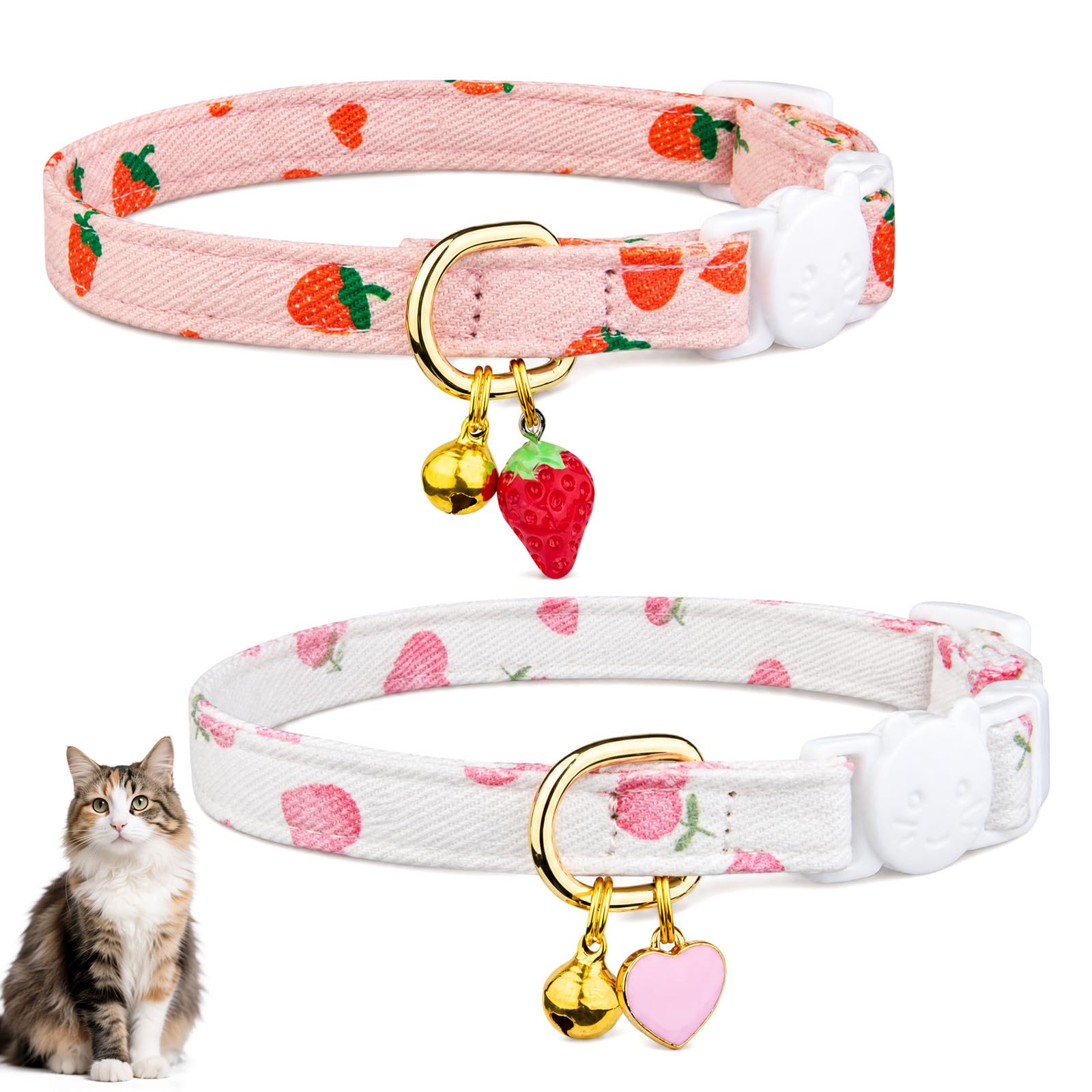 KIPTVO 2PCS Adjustable Cat Collar Set, Pink Kitten Collars with Bell and Quick Release Buckle, Soft Collar for Cats 18-30cm, Cute Fruit Style Kitten Accessories for Daily Wear