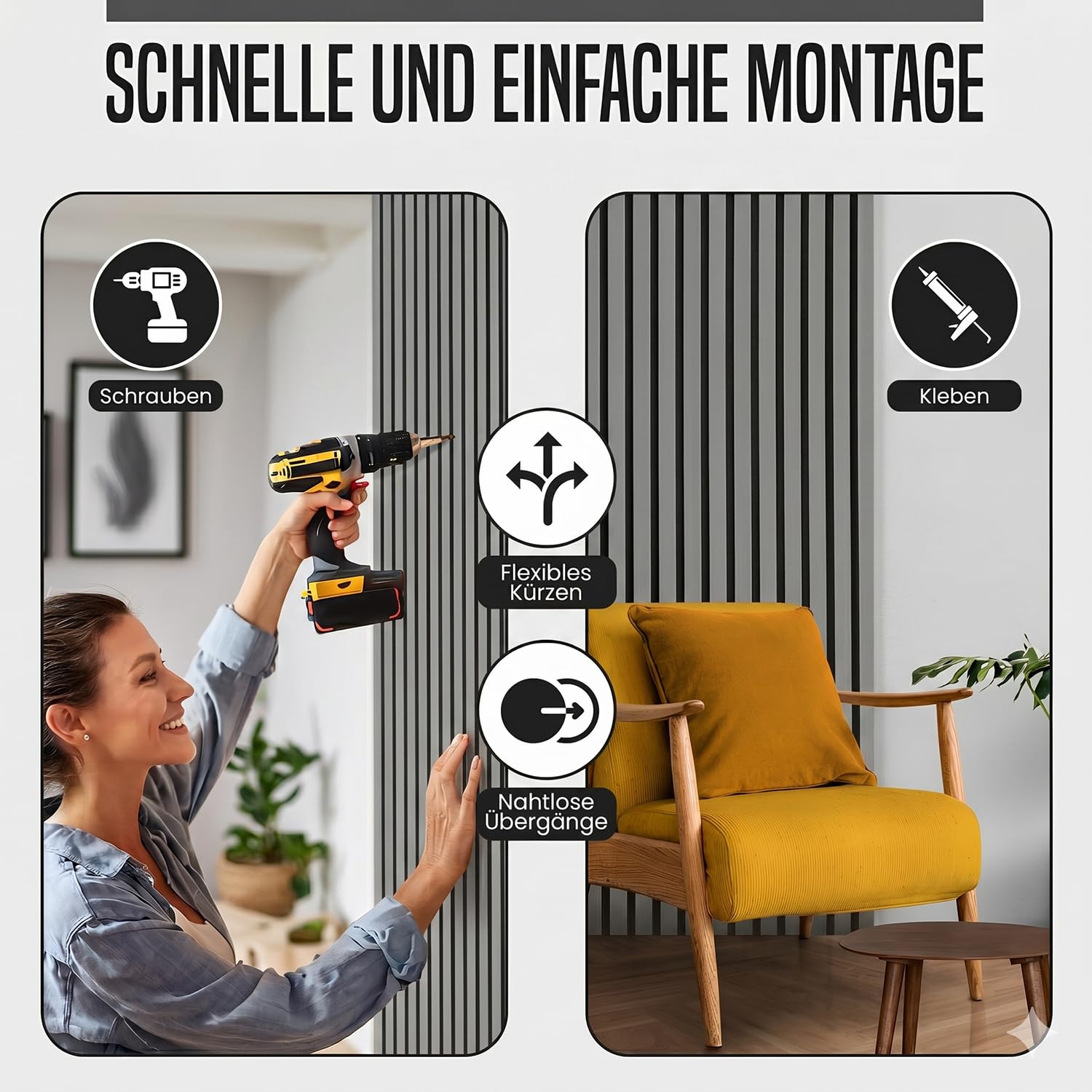 HOME LOVE Akustikpaneele Holz 2er Set 110x55 cm – Grau mit schwarzem Filz | Wandpaneele Holzoptik 3D | Akustik Paneele Grau | Holzpaneele Wand | Wandverkleidung Innen