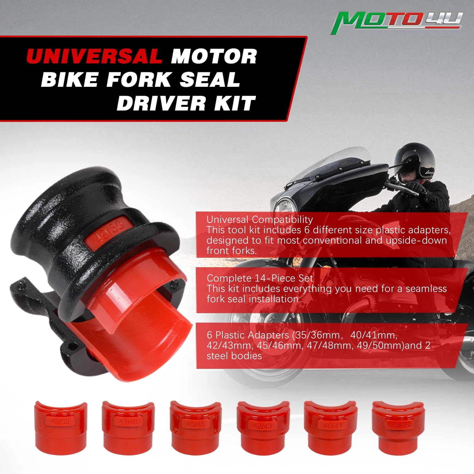 MOTO4U Kit di guarnizioni universali per forcella moto con adattatori regolabili (35-50 mm) – compatibile con moto da cross e moto