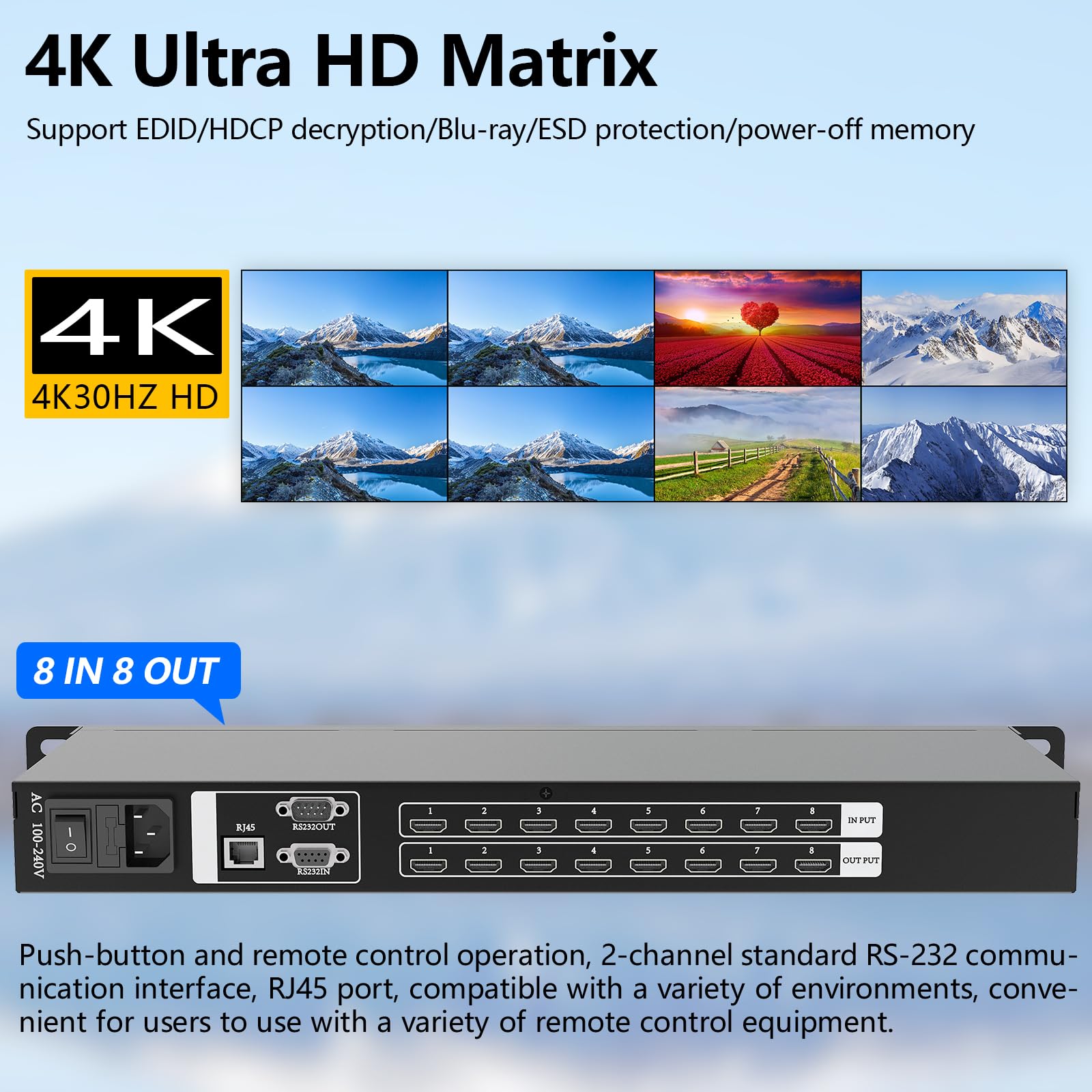 ICUIXIAN Przełącznik matrycowy HDMI 4K 8 x 8 1920 x 1080p @ 60 Hz montowana w stelażu matryca HDMI 8 x 8 z RS-232, pilot zdalnego sterowania, sterowanie GUI, EDID, HDCP, DTS-HD Master Audio (8 w / 8