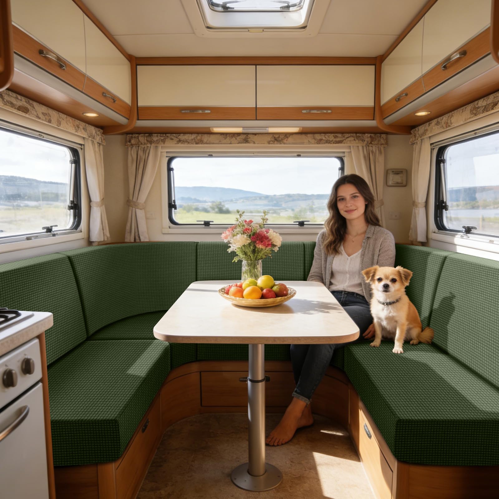 SYLC Caravan Seat Cover Stretch Jacquard, Non-slip RV Dinette Cushion Covers with 2 Straps, Couch Cushion Covers for Camper Sofa Bench (Olivegreen,Corner seat)