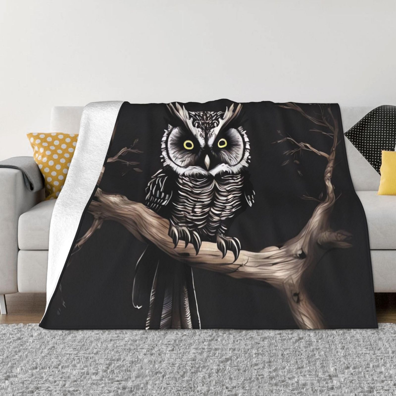 Fodpand Black Late Night Owl Flannel Blanket 80"X60" - Ultra-Soft Lightweight Throw Blanket For Bed, Sofa, And Couch - Luxury Air Conditioning Blankets - Cozy Warm Blankets For All Seasons