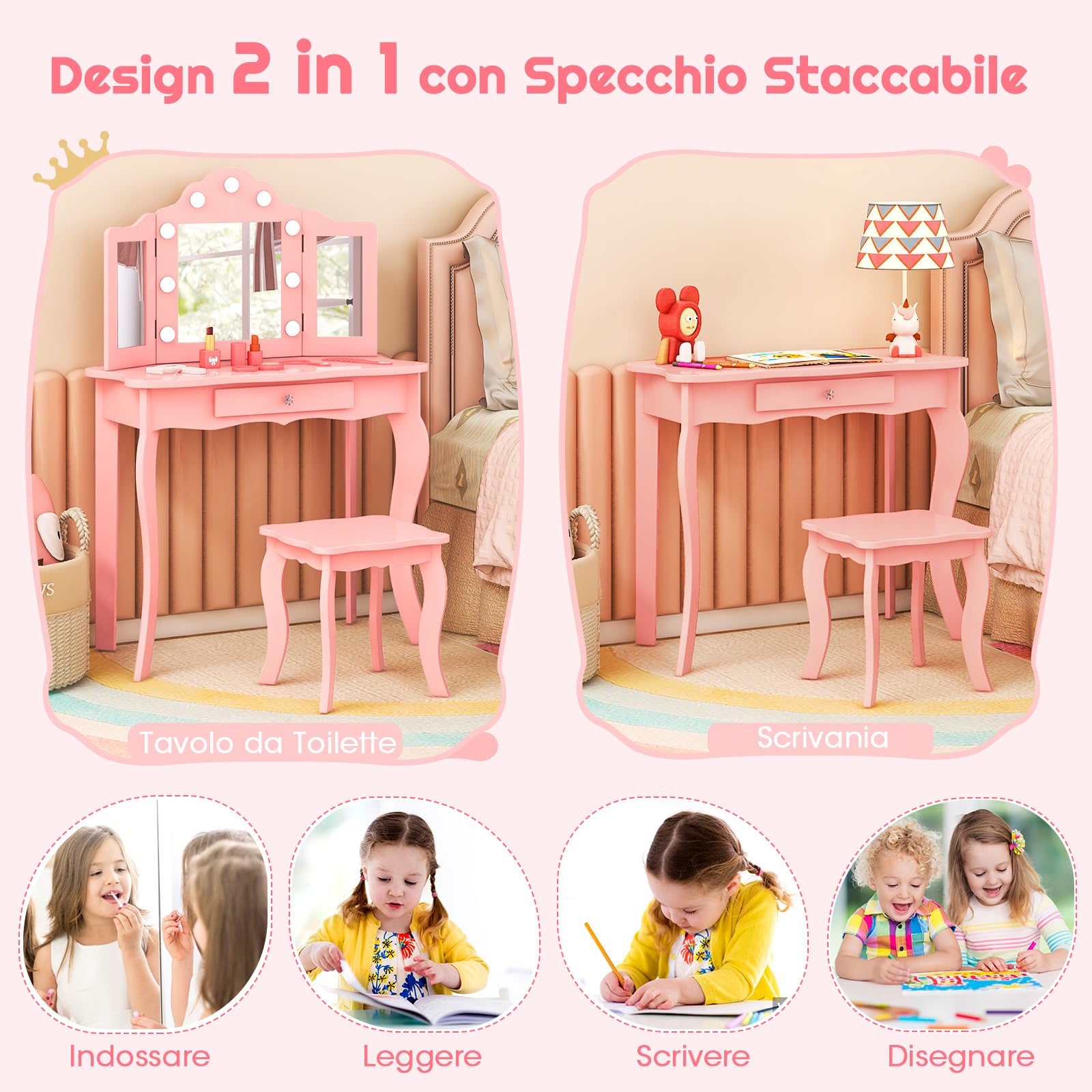 COSTWAY Toeletta Trucco 2 in 1 per Bambina, Specchiera Staccabile per Ragazza in Legno con Sgabello, Cassetto, Ripiani e Giocattoli, Postazione Trucco per 3 Anni, 70 x 34 x 103 cm (Rosa)