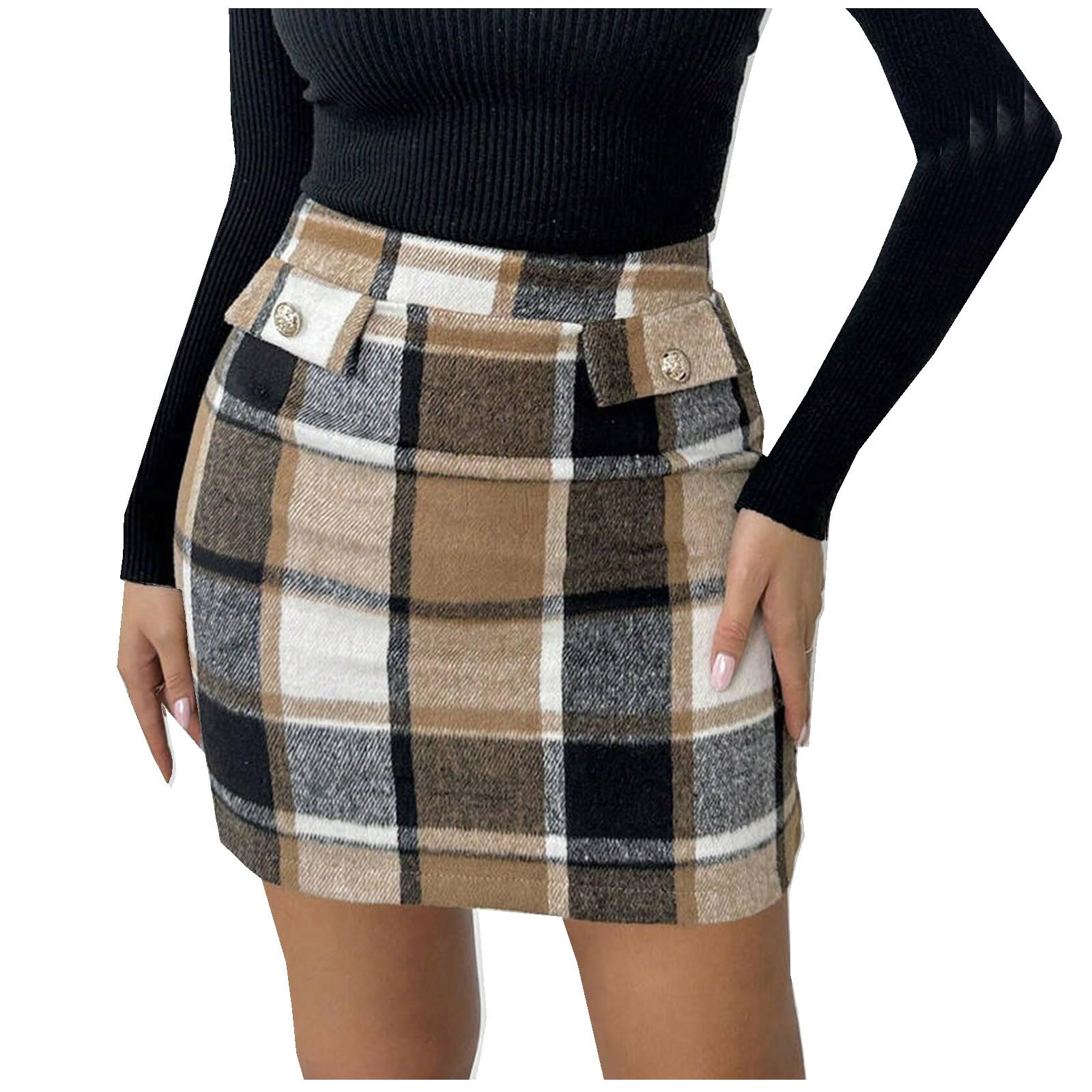 Flannel Wool Plaid Mini Skirt for Women Vintage High Waisted Stretchy Bodycon Business Casual Pencil Skirts Fall Skirt