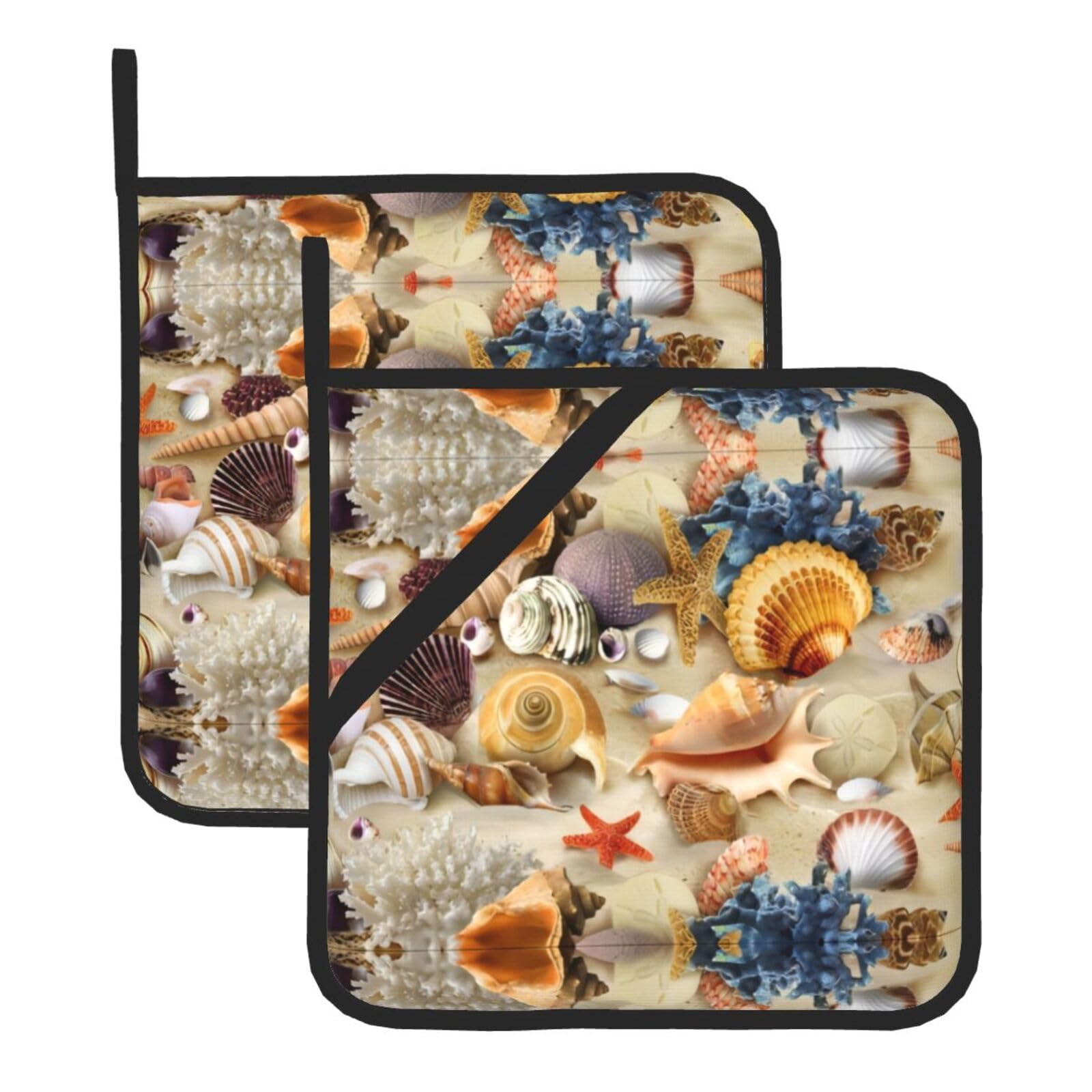 WHJSHOP Starfish Seashell Sandy Beach Theme Prints Square Hot Pads for Kitchen Counter - Thick Heat Resistant Trivets for Microwave & Oven, BBQ Grilling Cover (2 Pack)