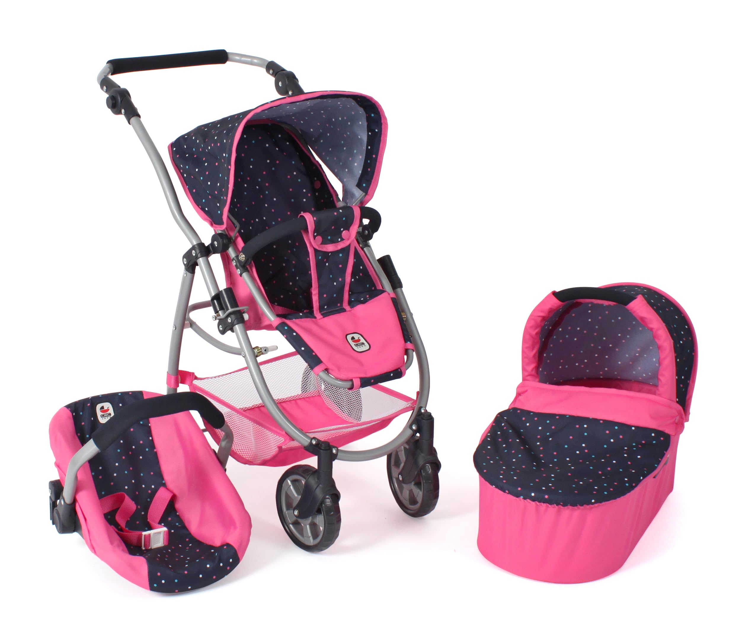 Bayer Chic 2000-640-84 Puppenwagen Emotion All In 2.0-3in1 Puppenwagen-Set bestehend aus Babywanne, Sportsitz und Autositz, Konfetti, pink