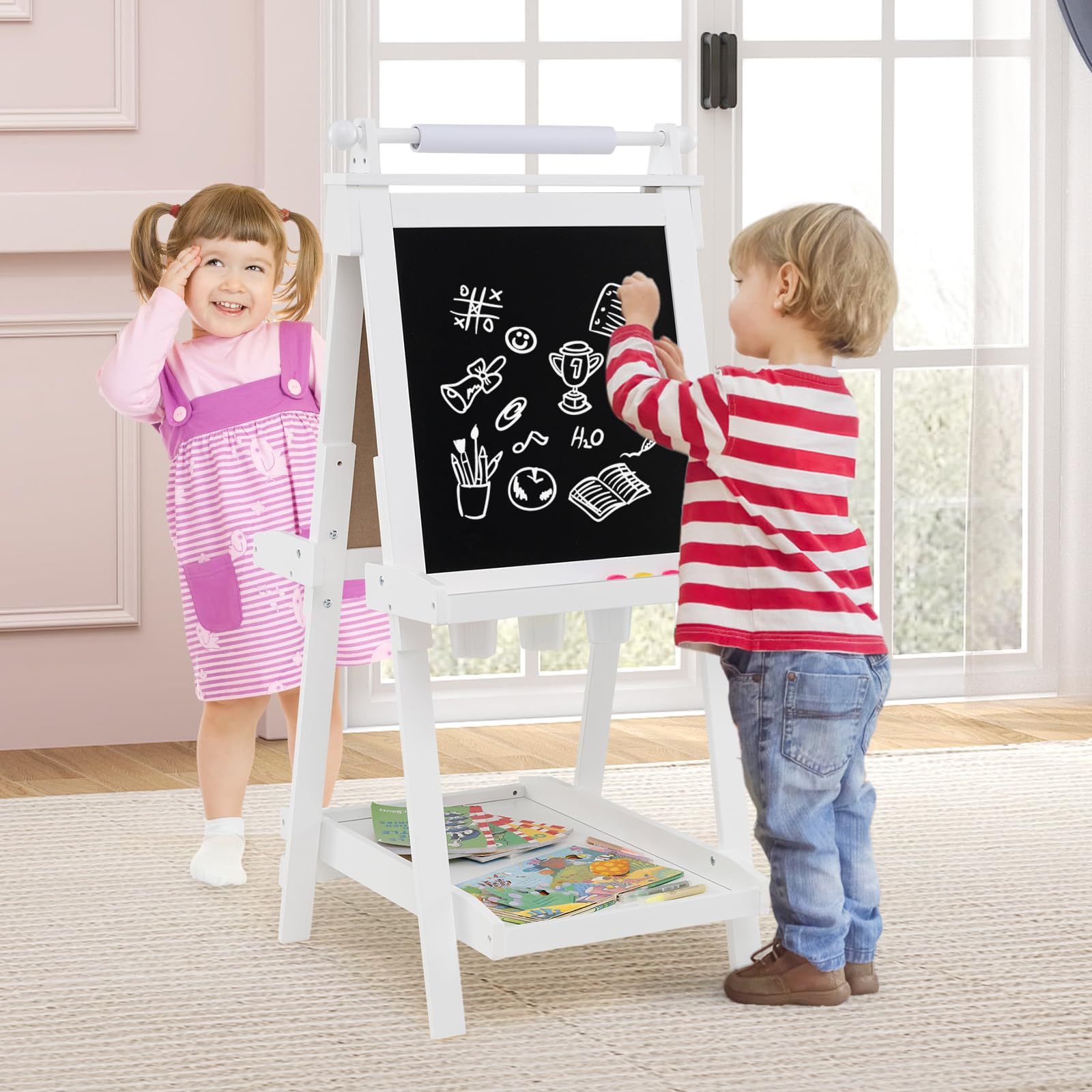 RELAX4LIFE 3 in 1 Cavalletto per Bambini Pieghevole in Legno, Altezza Regolabile, Lavagna Magnetica con Lavagna Bifacciale, con Rotolo di Carta, Vassoio e Accessori, 3+ Anni, 55x66x106-126cm (Bianco)