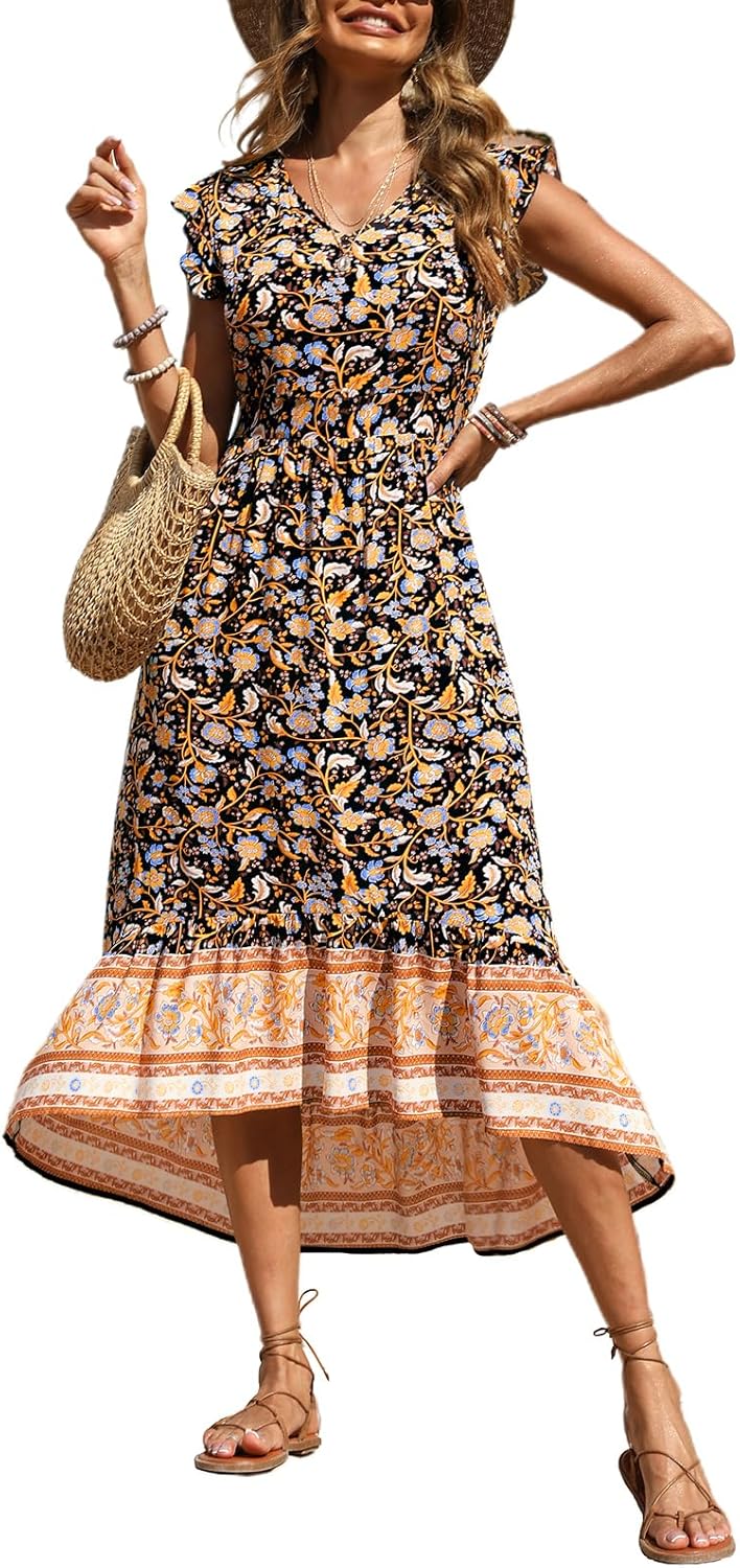 PRETTYGARDEN Women's Summer Maxi Dress Casual Floral V Neck Cap Sleeves Boho High Low Flowy Midi Long Sun Dresses