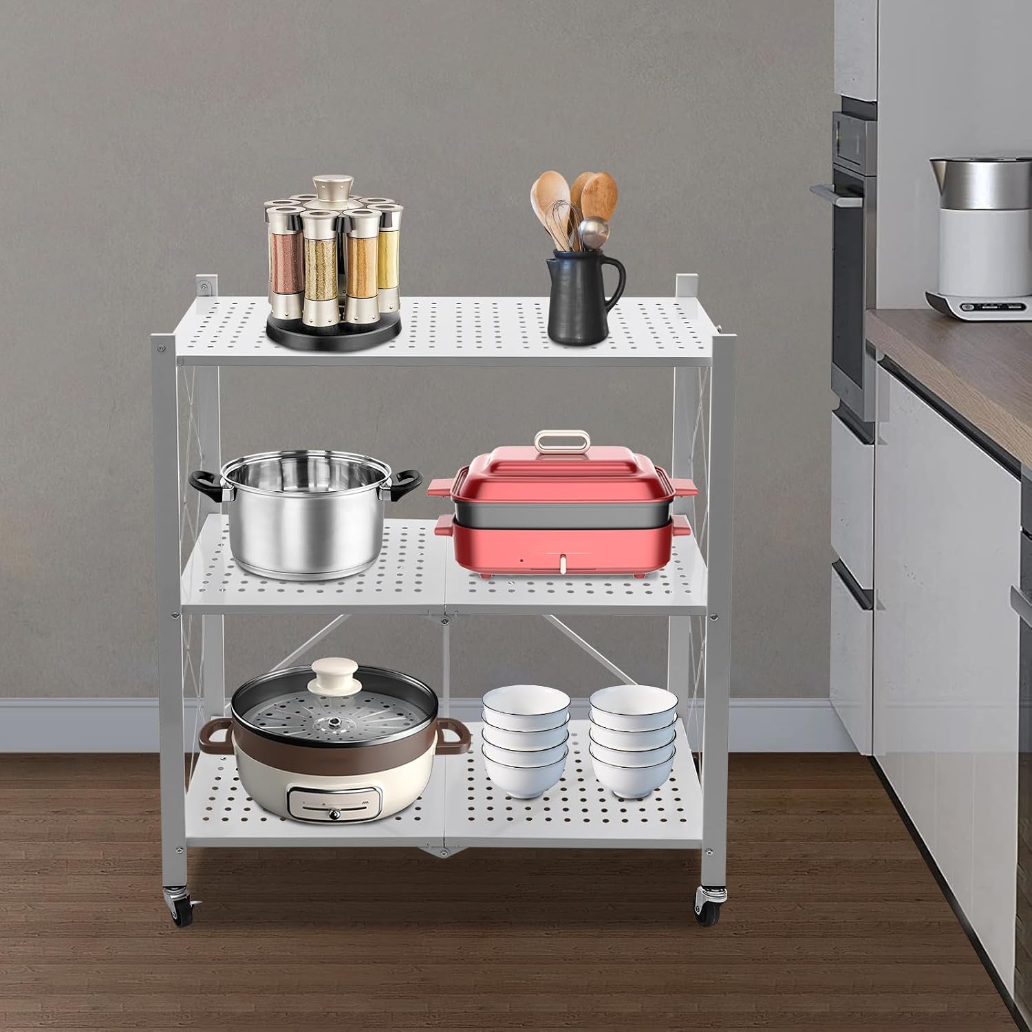 3-Tier Foldable Rolling Cart White, Slim Storage Trolley on Wheels for Kitchen Bathroom, Narrow Mobile Shelf Unit, Stackable Utility Organizer, Thin Pantry Spice Rack, Laundry Bathroom Cart