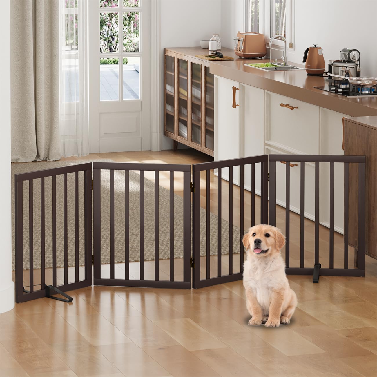 Hundegitter für Türen, Hohes Hundegitter für den Innenbereich, Faltbare Haustiergitter für Türen Schlafzimmer, Freistehendes Welpengitter mit Metallstützen, Raumteiler 3 Paneele (Weiß)