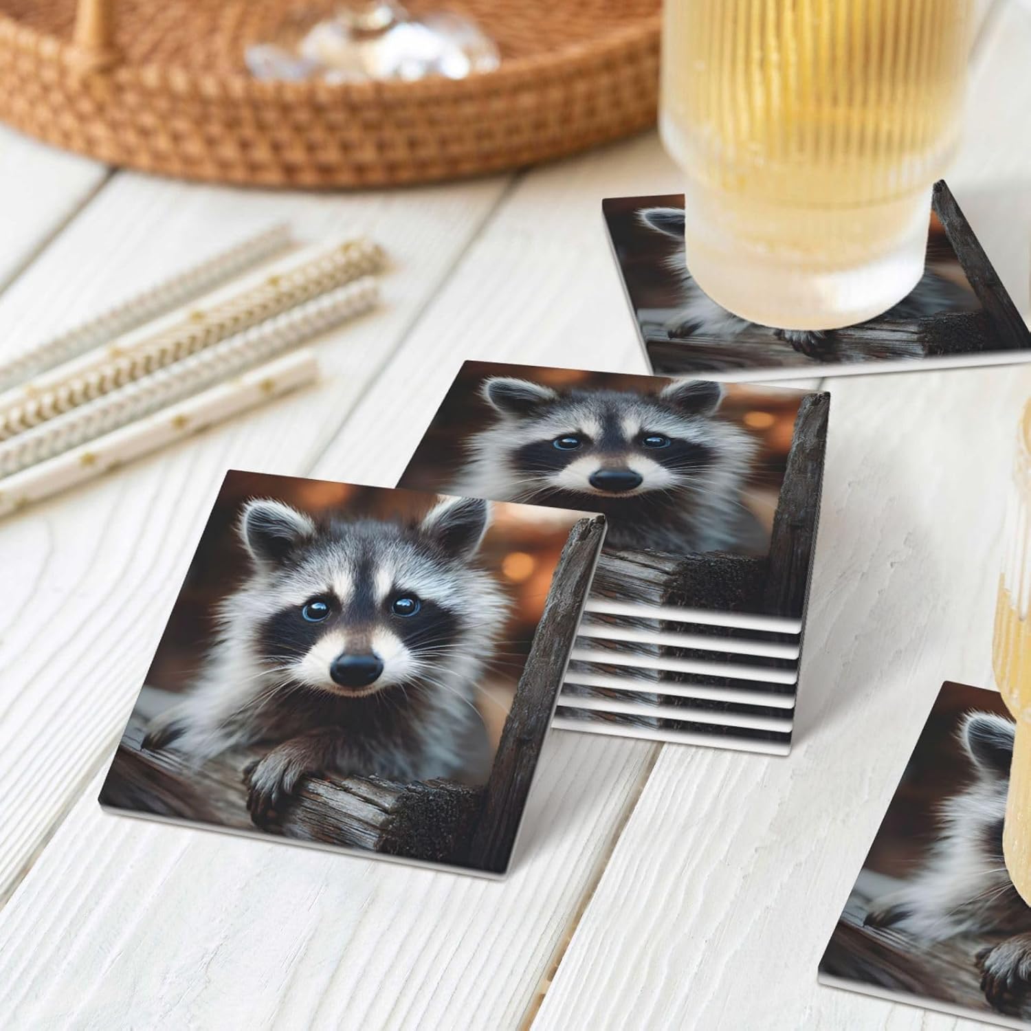 (Cute Raccoon) Ceramic Coasters Set of 6 with Holder Non-Slip Square Coffee Coasters for for Cup Mug Drink Patio Coffee Table Decor, Christmas Coasters Home Bar Supplies
