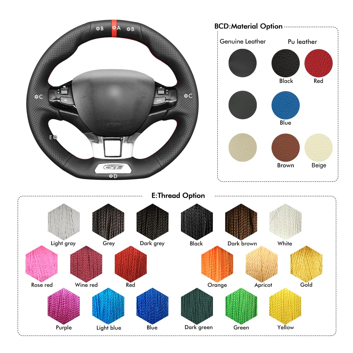 Protection Volant Peugeot 208 Housse Volant Peugeot 208 2012-2023 - Et Cuir PU - Antidérapante - Rouge/Noir Gel De Silice - 10