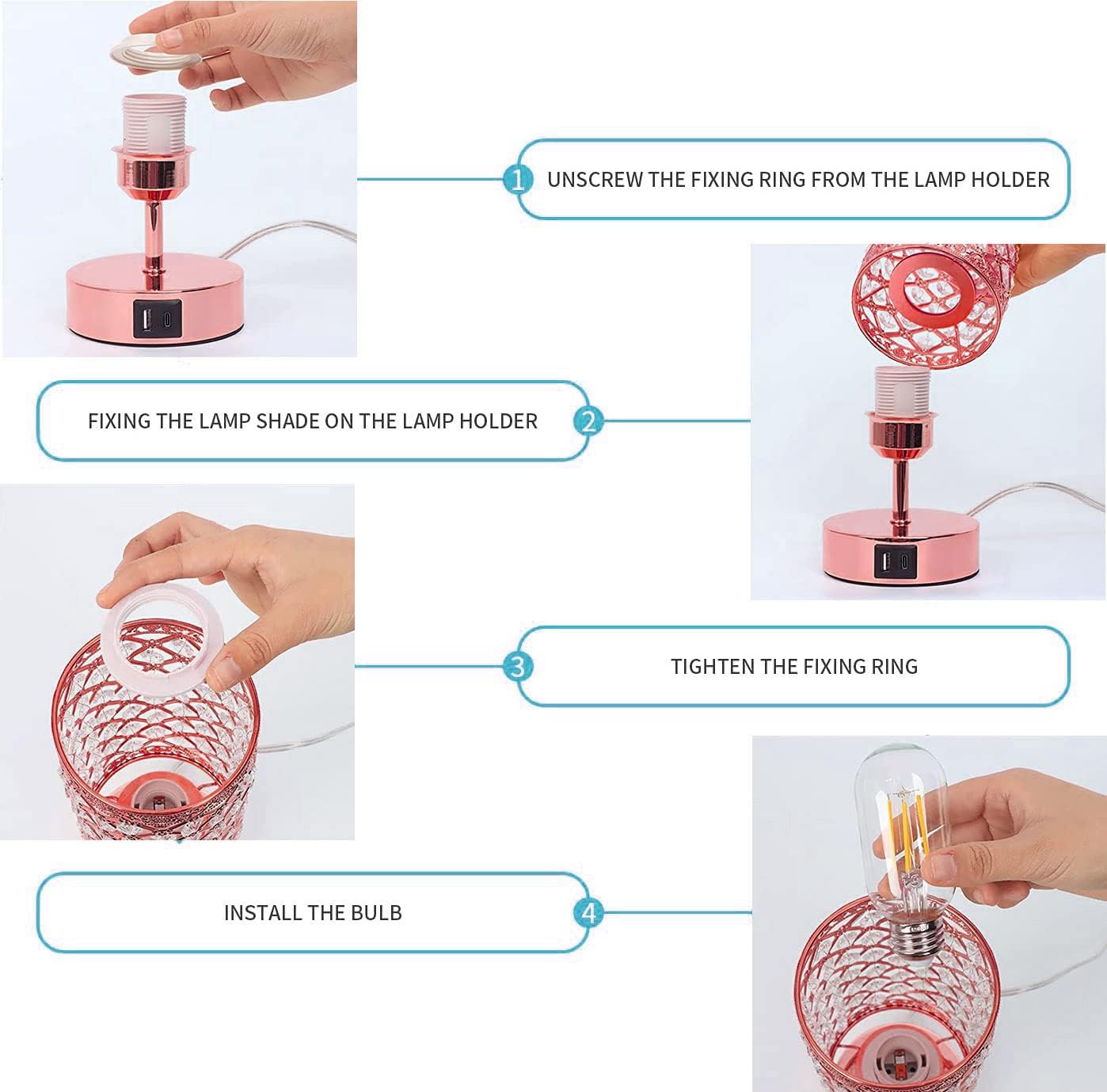 Crystal Table Lamp, Rose Gold Desk Lamp Pink Bedroom Decor Touch Control Bedside Nightstand Girly Bling Lamps with 2 USB Ports Bulb Included for Home, Office, Living Room