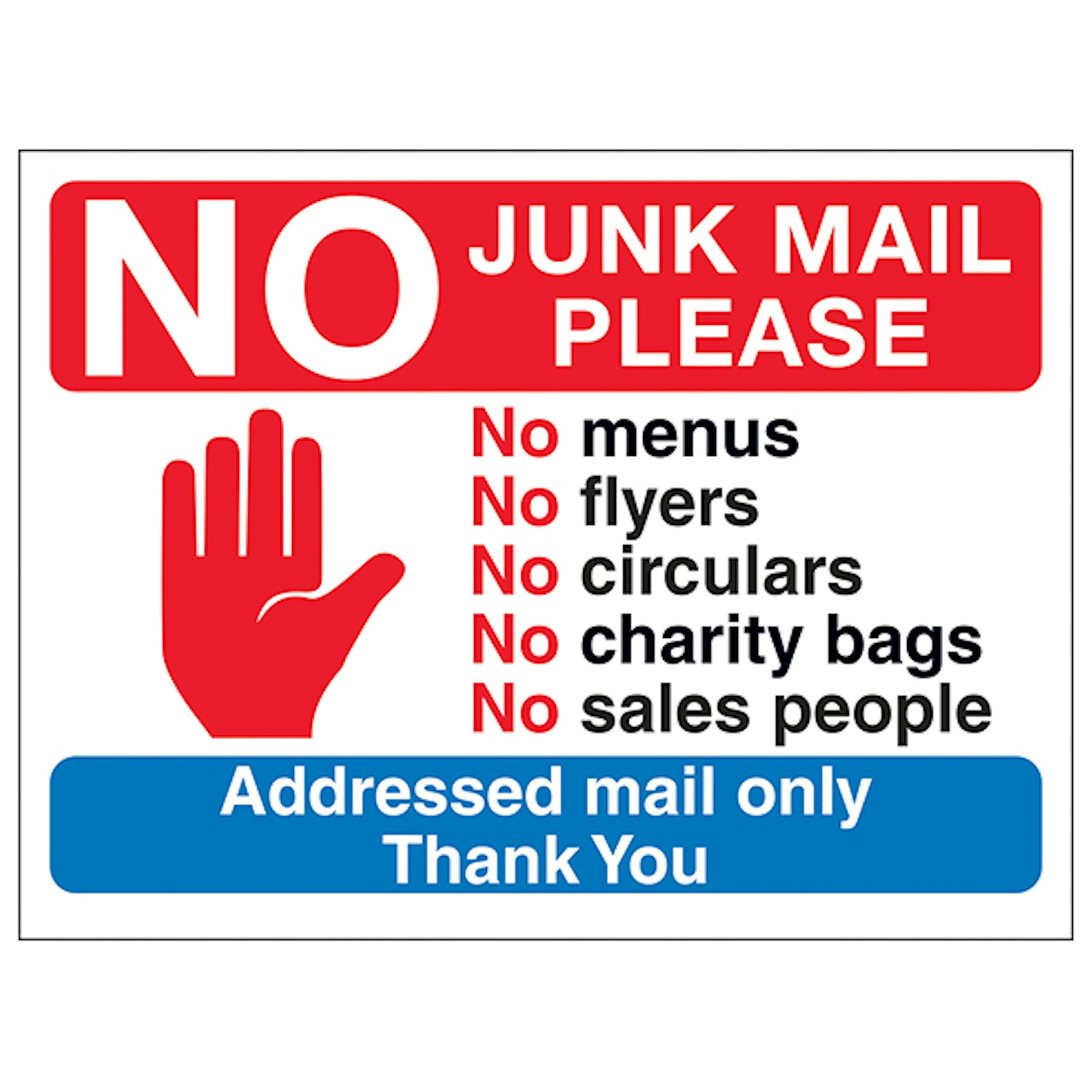 V Safety Stop Hand Symbol: No Junk Mail Please, No Menus, No... 150 x 100 mm - Self Adhesive Vinyl - Aluminium Effect Safety Sign