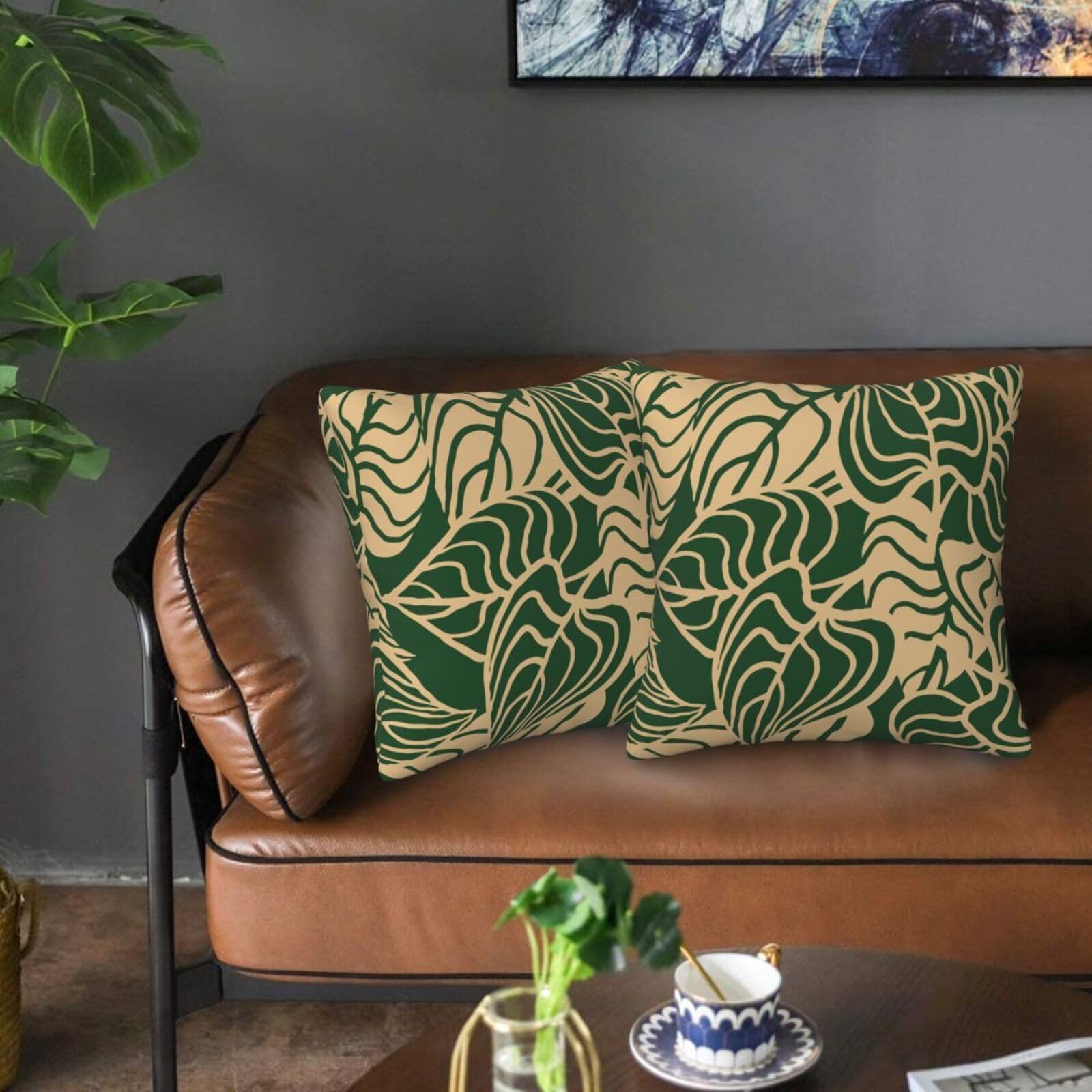 Weiscode Tropical Green Plant Throw Pillow Covers 18x18 Inch Set of 2 Summer Sage Green Palm Leaves Decorative
