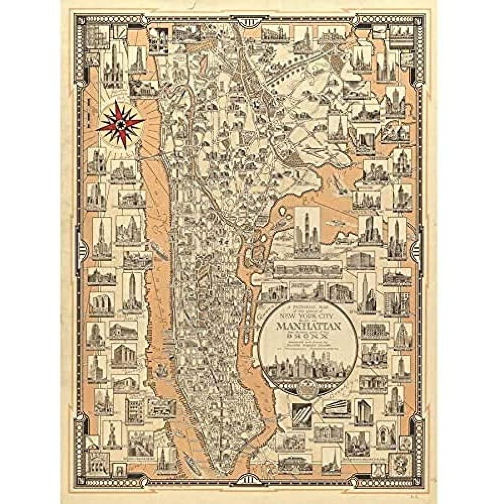 Chase 1939 Pictorial Map NY Manhattan Bronx Art Print Canvas Premium Wall Decor Poster Mural