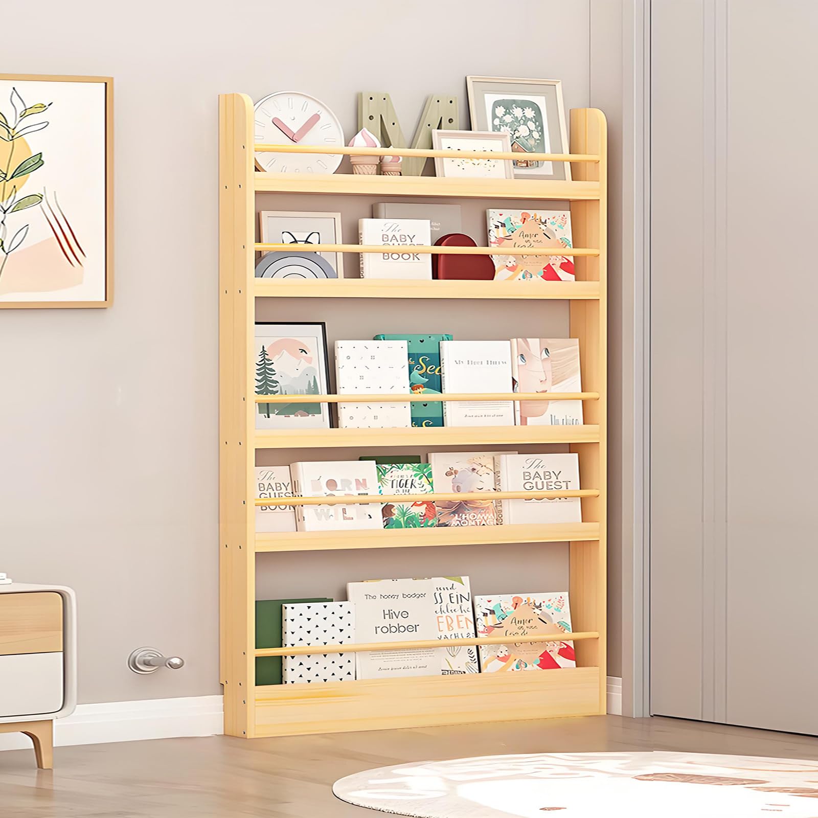 Book Shelf, Behind The Door Bookshelf, Wooden Kids Book Shelf 3/4/5/6 Tier, for Toys and Books, Space-Saving Wall Mount Narrow