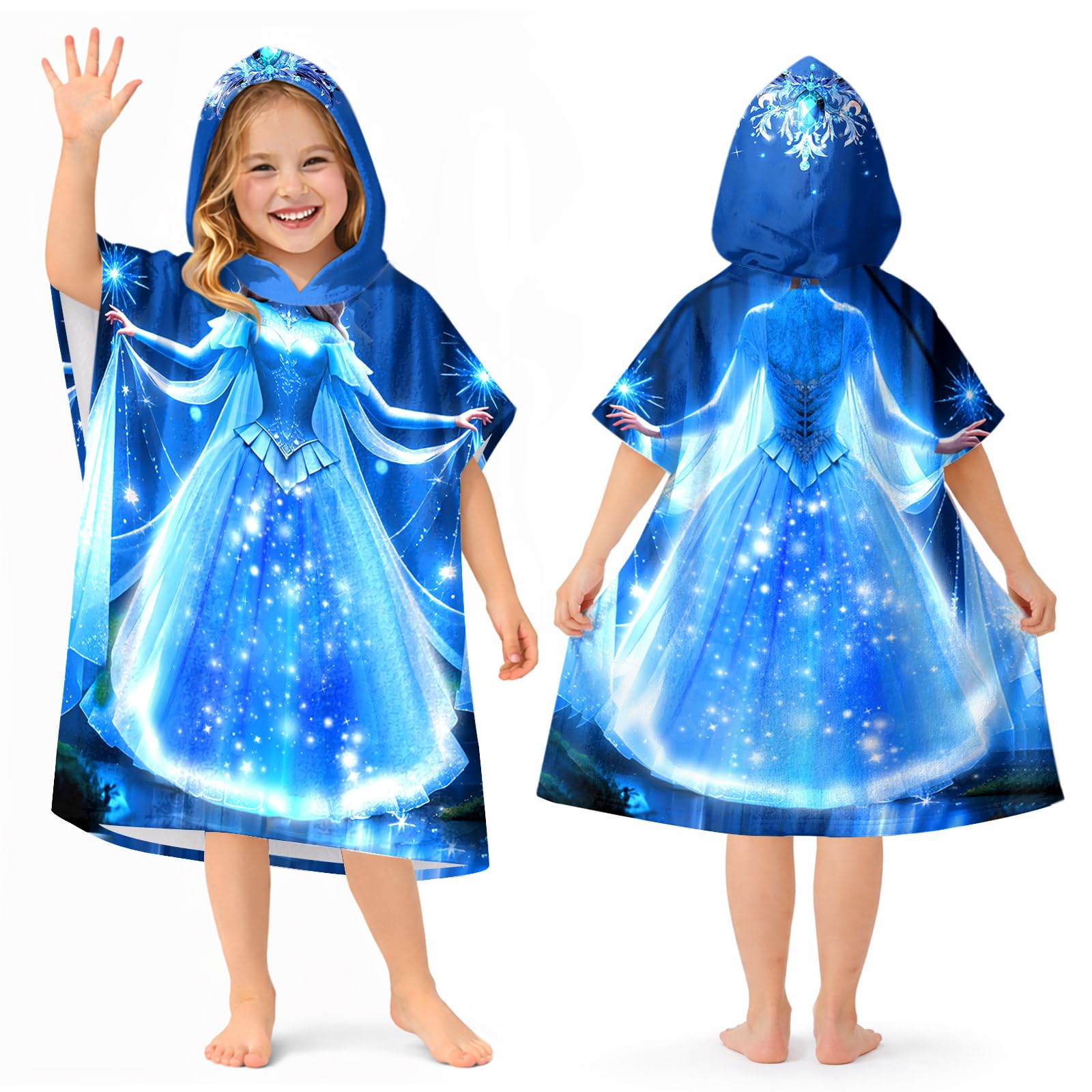 Gooddooes Kids Hooded Beach Towels Wrap for 4-12 Years,Cute Princess Theme Girls Swim Cover Up for Bathroom，27"x33" Quick Dry Blue Bath Towel Poncho,