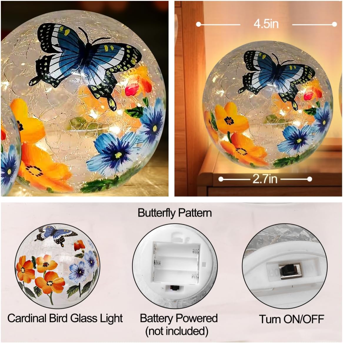 Crackle Glass Ball Light Butterfly Floral Pattern LED Night Light Indoor Tabletop Decorative Sphere Lamp for Home Decor Christmas Birthday Wedding Girls Women's Gift (1 Pack) - Image 3