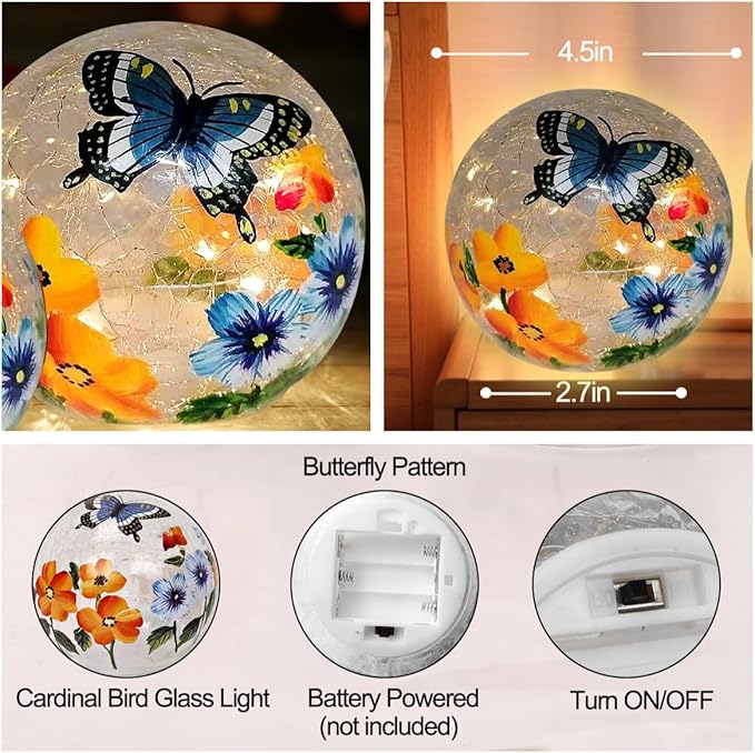 IdealXmas Glass Crackle Glass Ball Light Butterfly Floral Pattern LED Night Light Indoor Tabletop Decorative Sphere Lamp for Home Decor Christmas Birthday Wedding Girls Women's Gift (1 Pack) photo 3